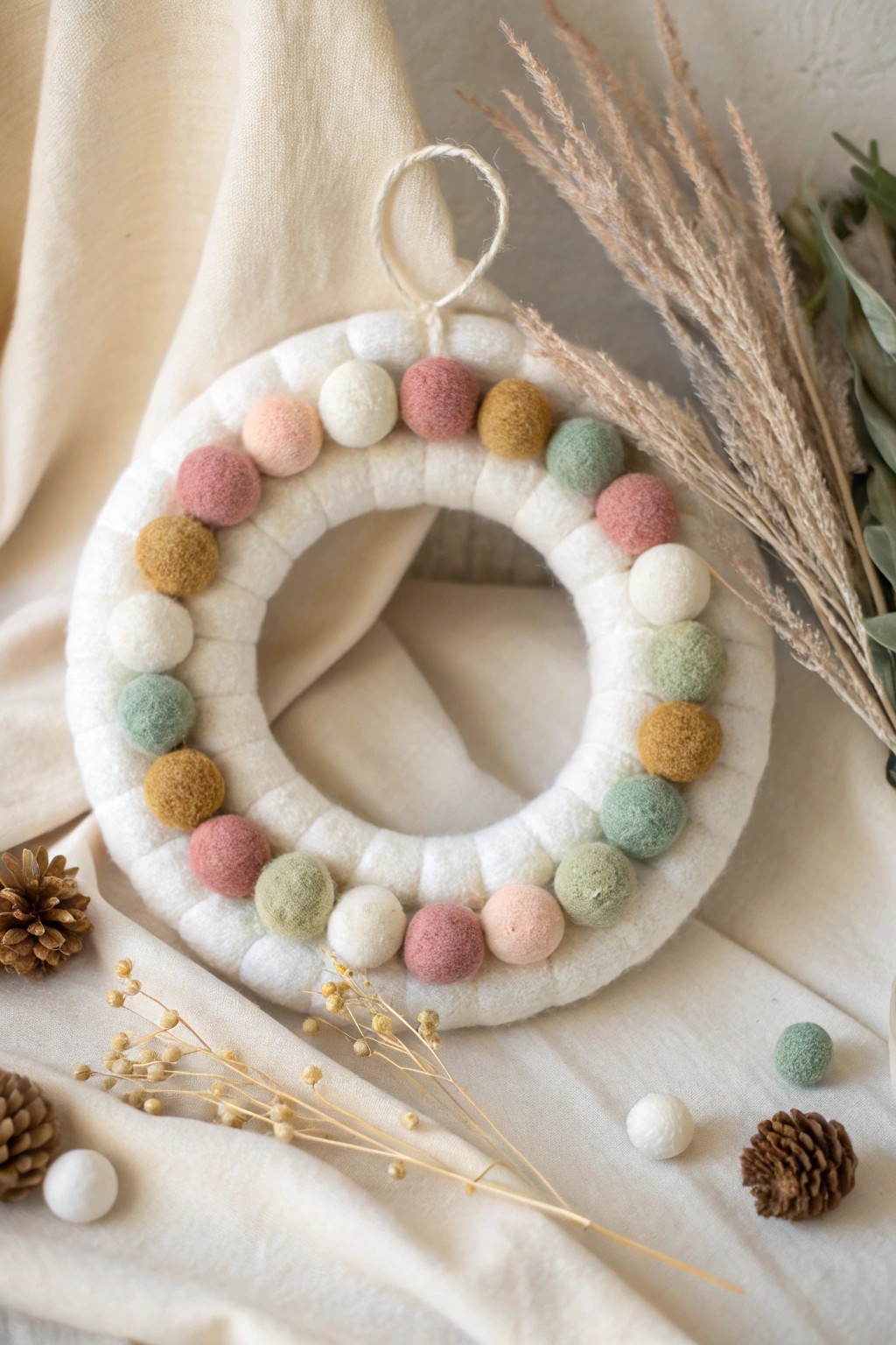 A cozy, handmade felted wool ball wreath—Scandi-minimalist charm with a playful boho touch.