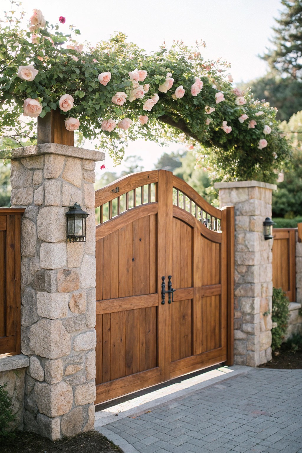 A welcoming wooden gate framed by stone pillars and blooming roses—effortless elegance for your driveway.