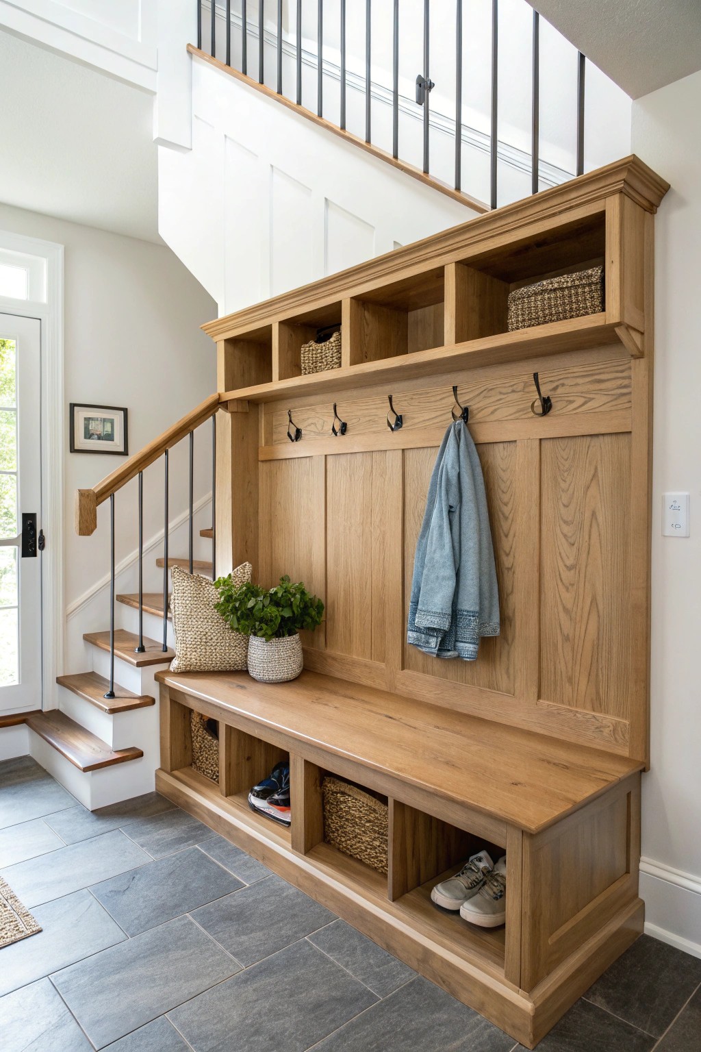 Transform under-stair space into a stunning, functional entryway feature.