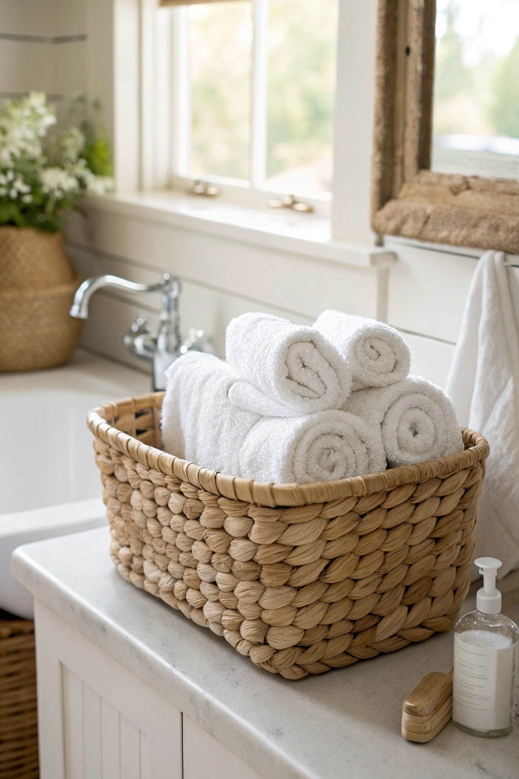 Chic and simple: woven baskets bring farmhouse elegance and tidy storage to your bathroom.
