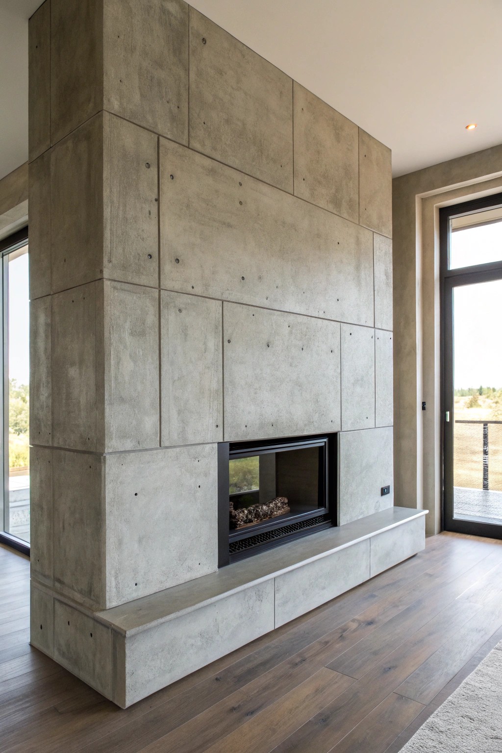 Elevate your space with the raw elegance of a handcrafted concrete fireplace wall.