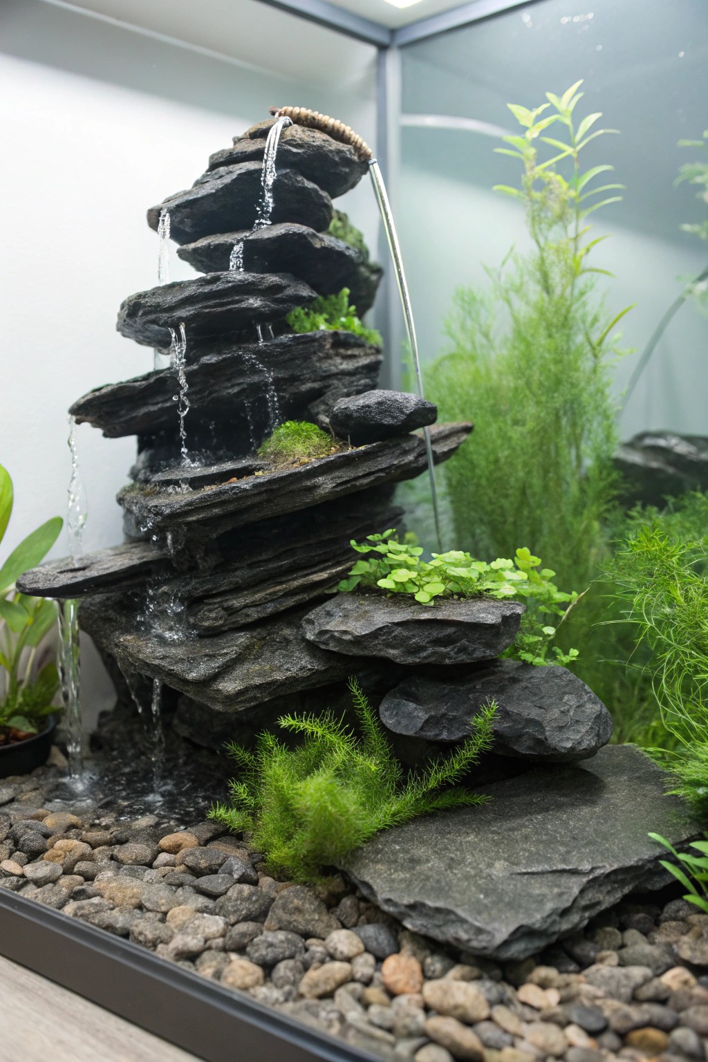 Elevate your fish tank with a handcrafted tiered rock waterfall—natural beauty meets simple elegance.