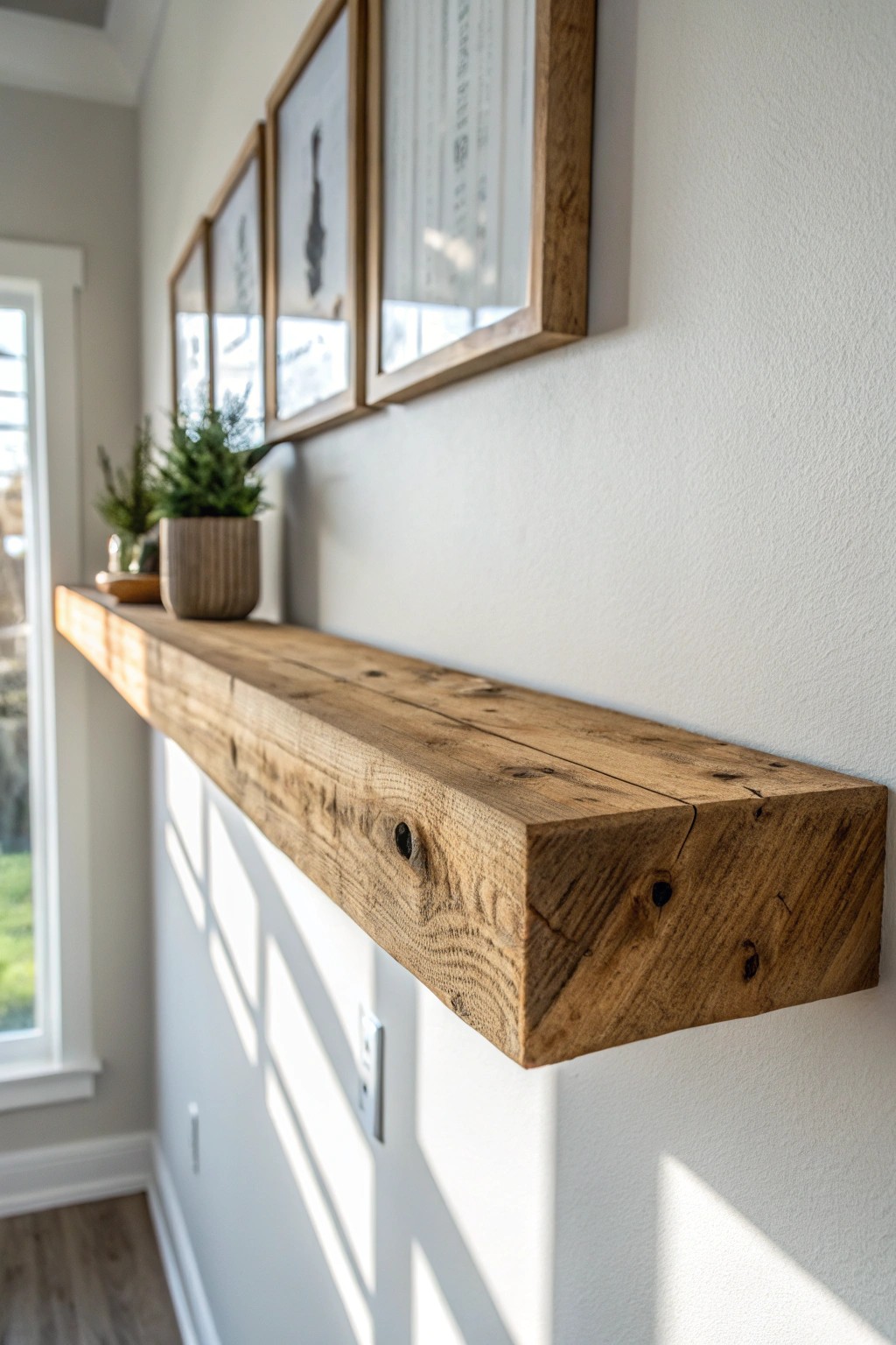 Warm up your space with the natural charm of a rustic wood floating shelf.