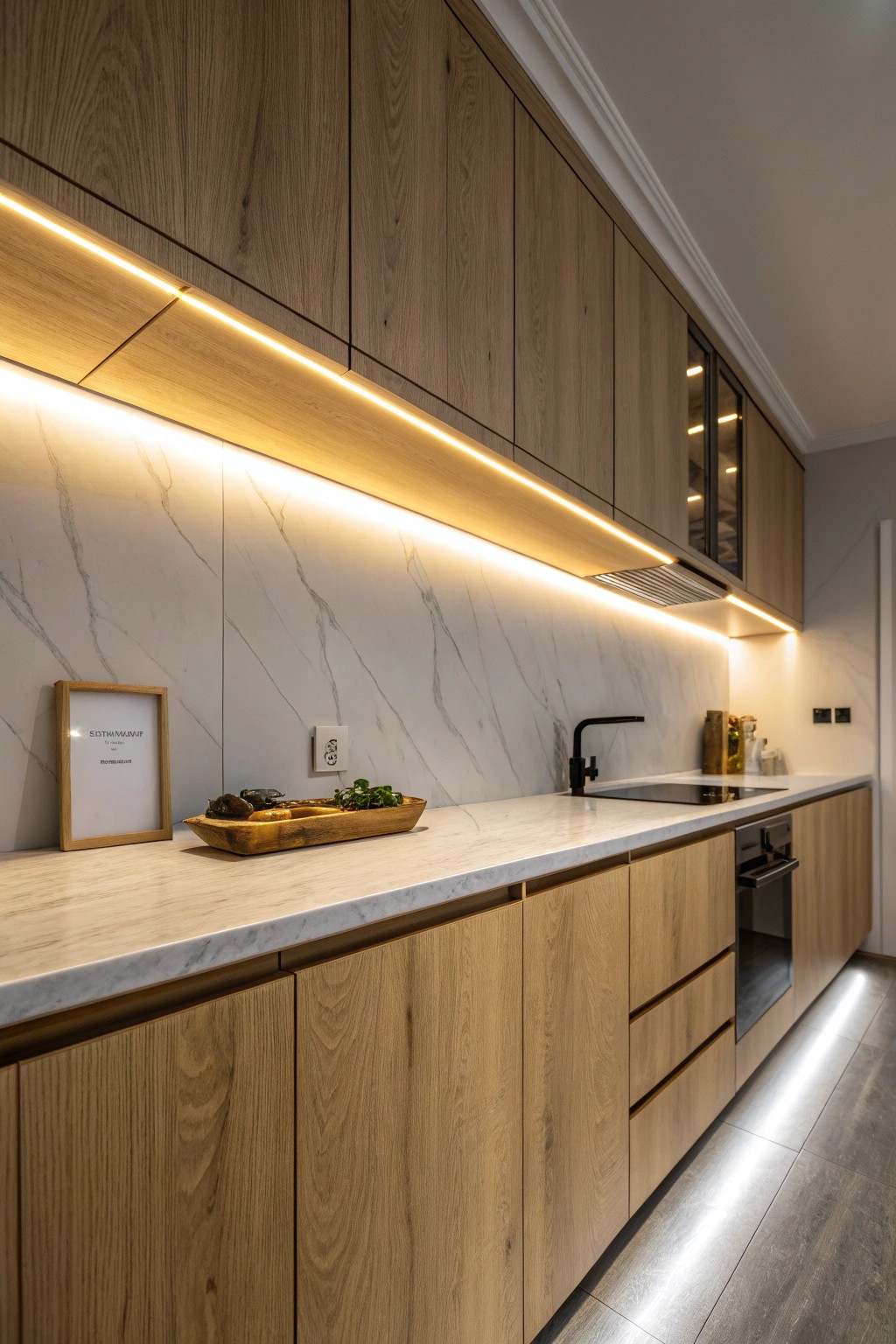 Warm under-cabinet lighting: the secret to a beautifully illuminated galley kitchen.