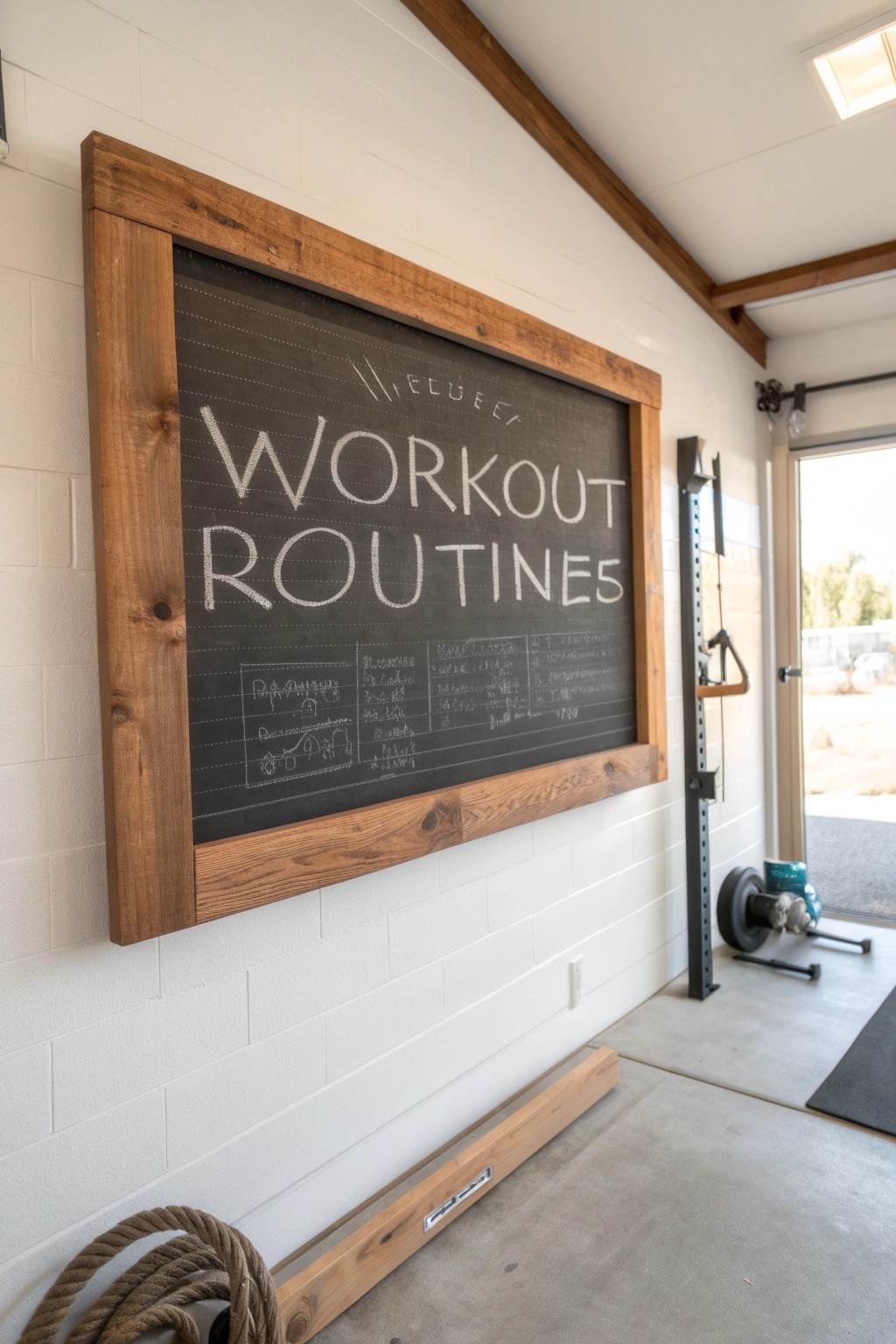 Elevate your garage gym with a stunning chalkboard for tracking progress and daily motivation.