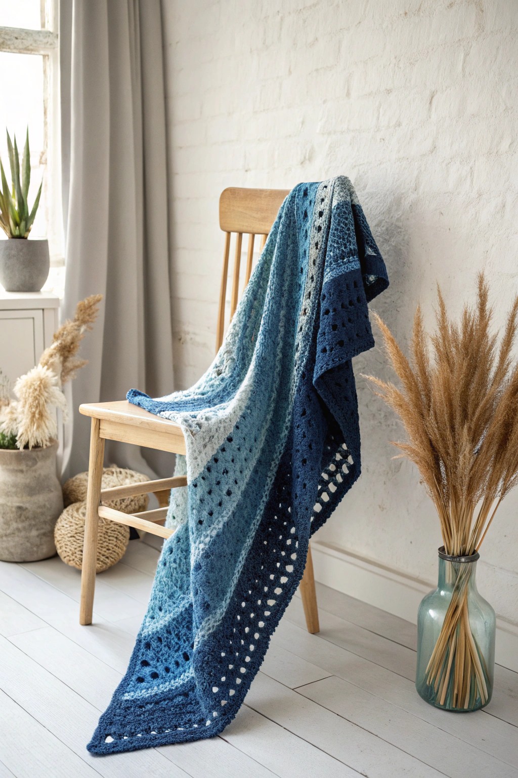 Ombre blue granny square shawl—Scandi minimalism meets handmade elegance.