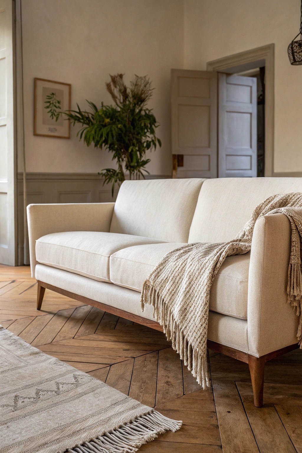 A diagonal sofa transforms awkward spaces into inviting retreats.