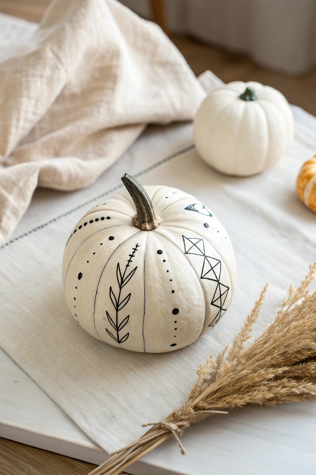 Scandi-chic: Minimalist black lines transform a white pumpkin into modern art.