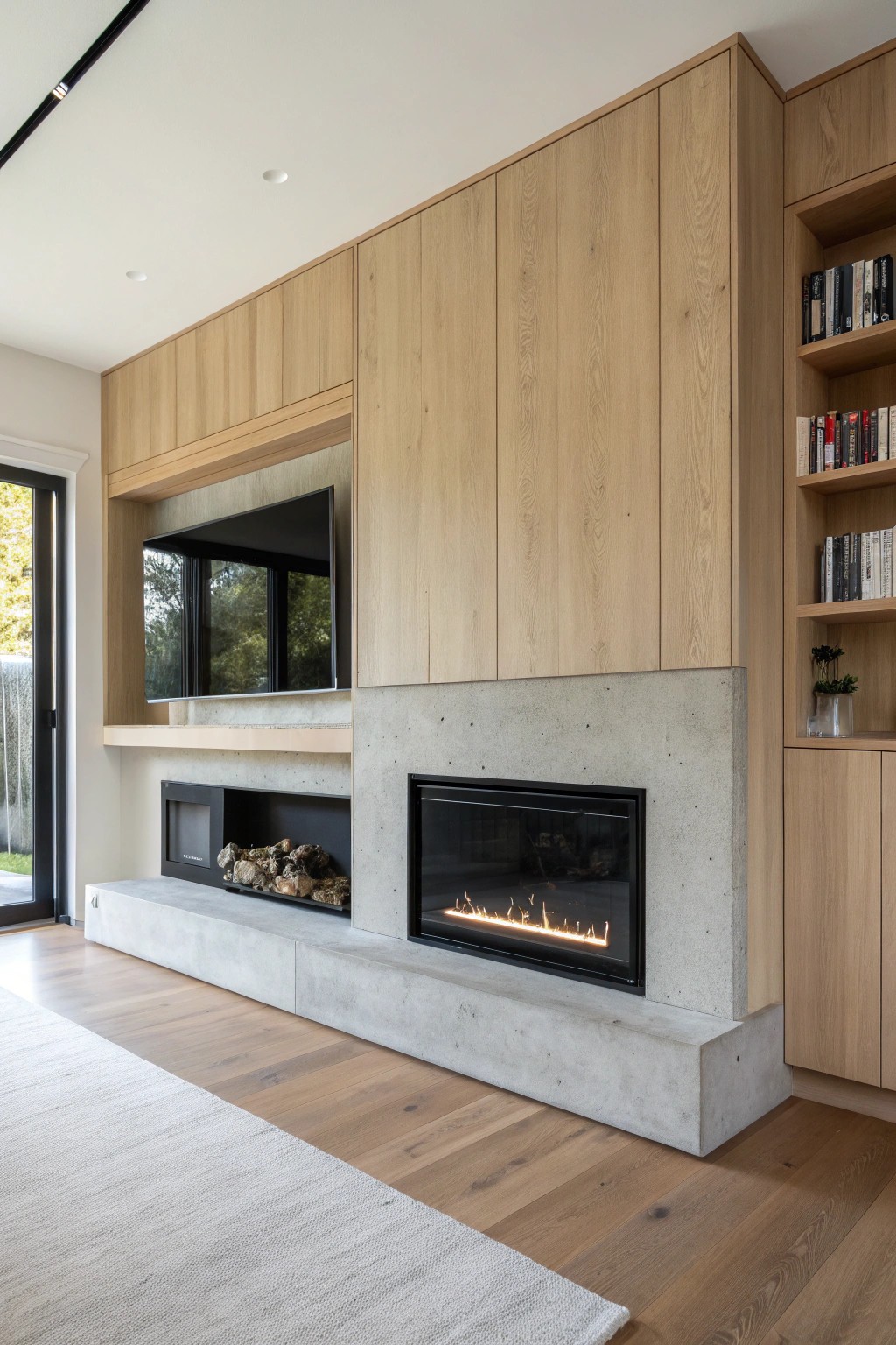Effortless elegance: a modern fireplace with a perfectly integrated TV niche above.