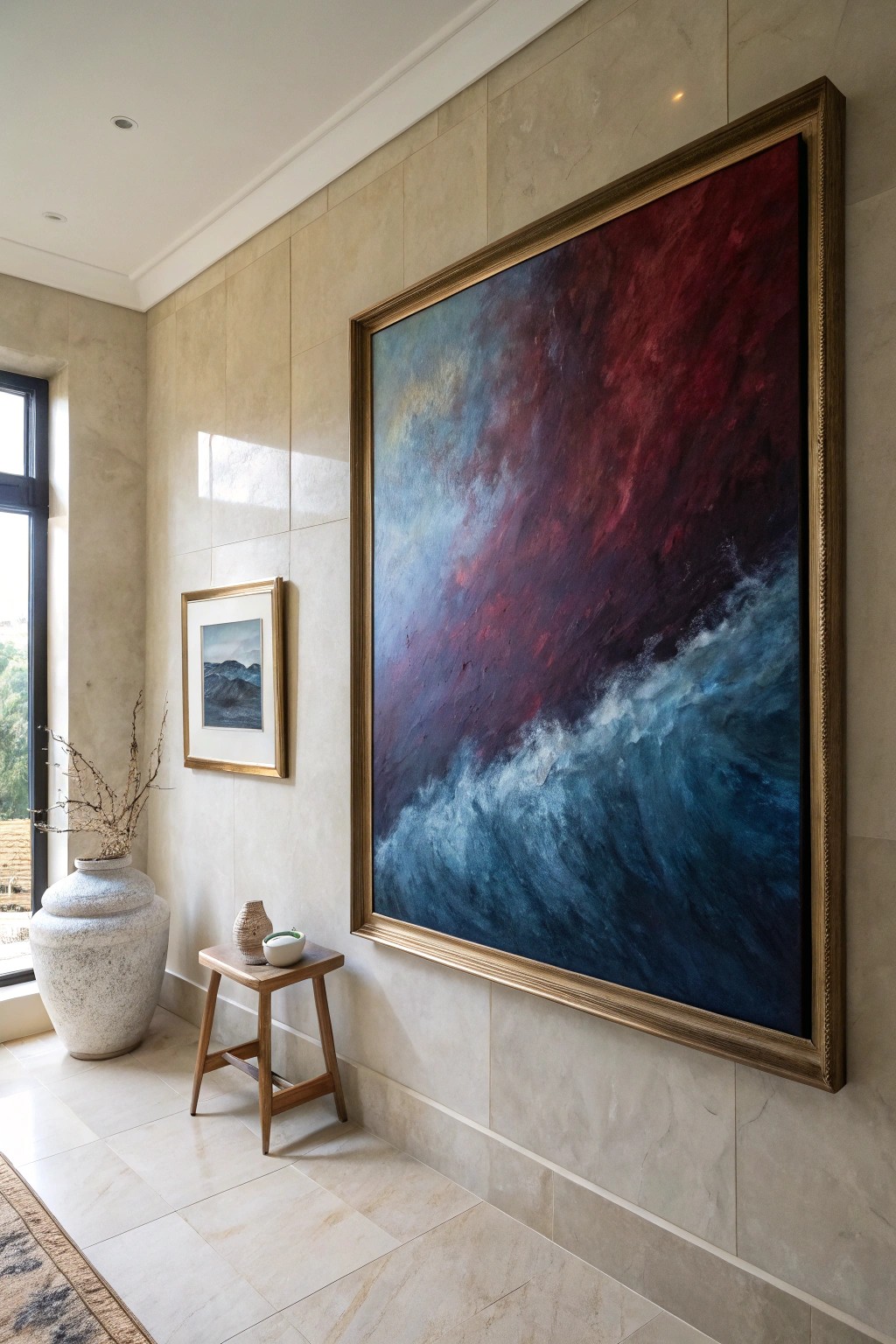 Transform your bathroom with an oversized moody art piece—where simplicity meets dramatic beauty.
