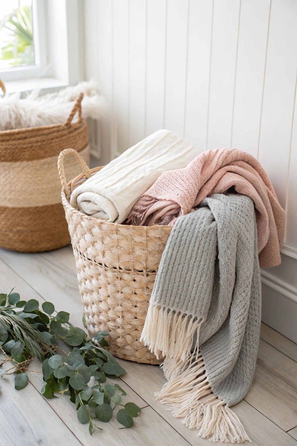 Snuggle up in style—grab a cozy blanket from this inviting basket and make your movie night extra special.