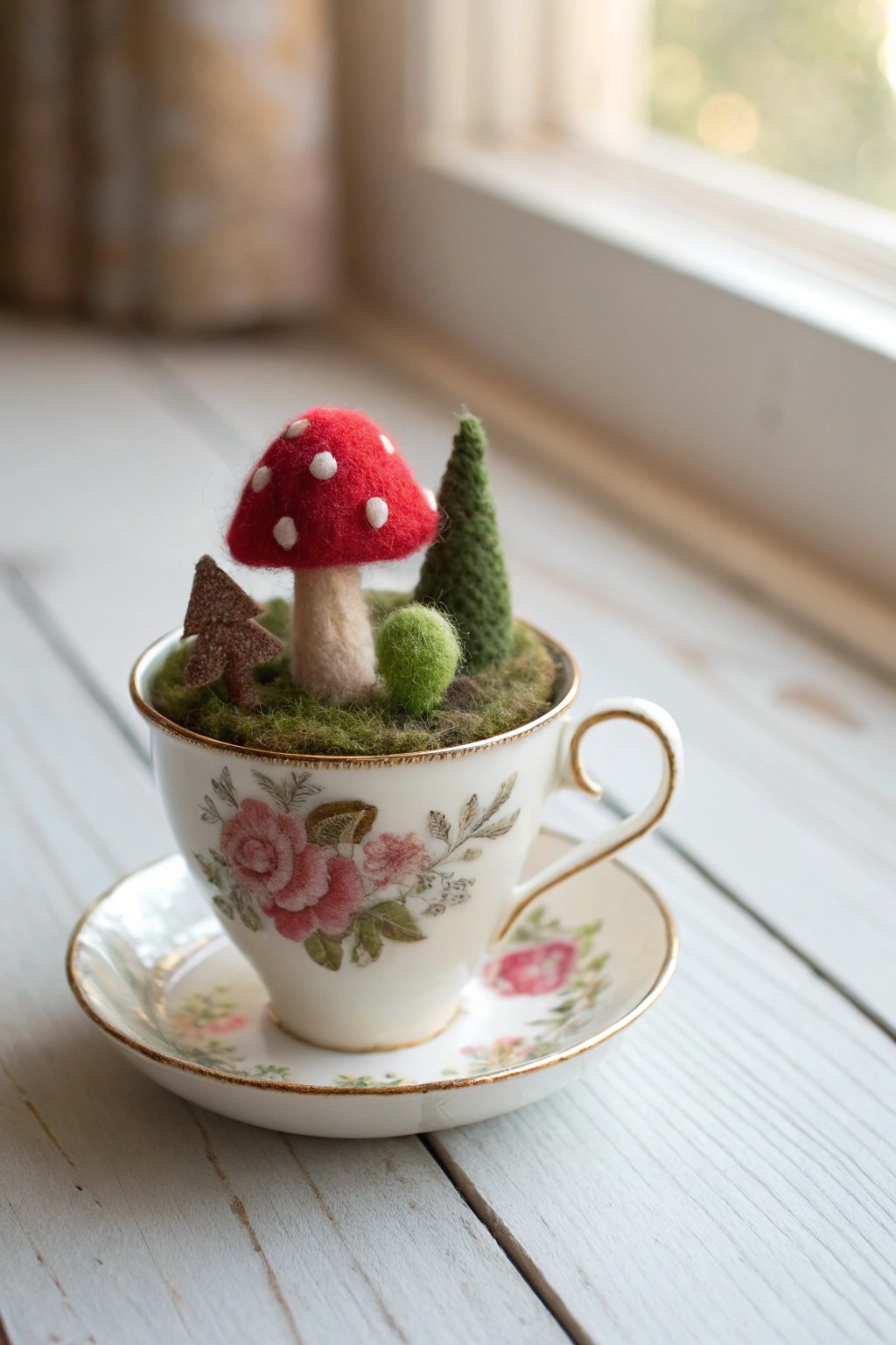 Enchant your space with a handcrafted felted teacup village—whimsy in every detail.