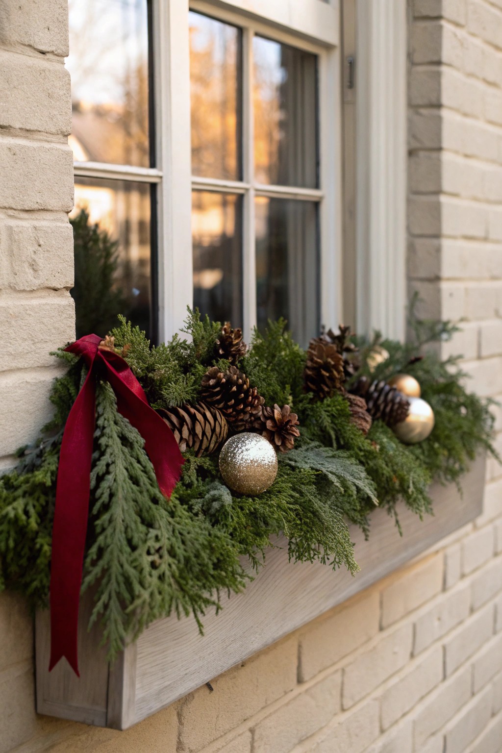 Simple elegance: Window box adorned with winter greenery, pinecones, and festive baubles.