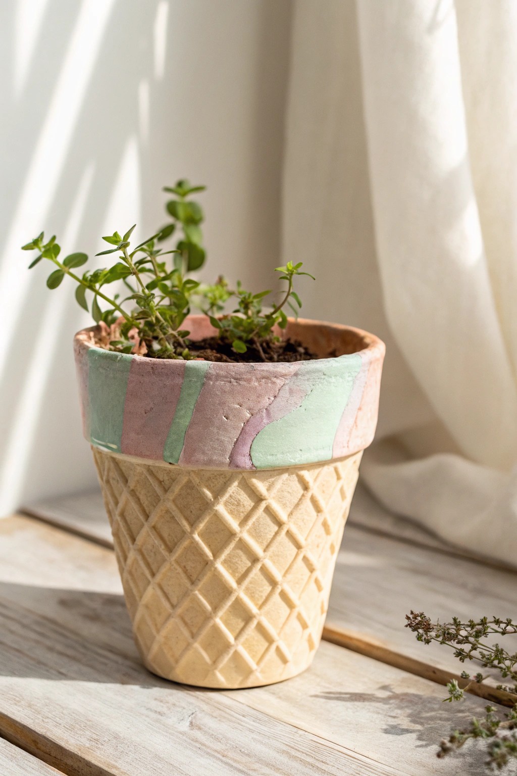 Sweeten your space with this charming ice cream cone painted pot—perfect for summer herbs!