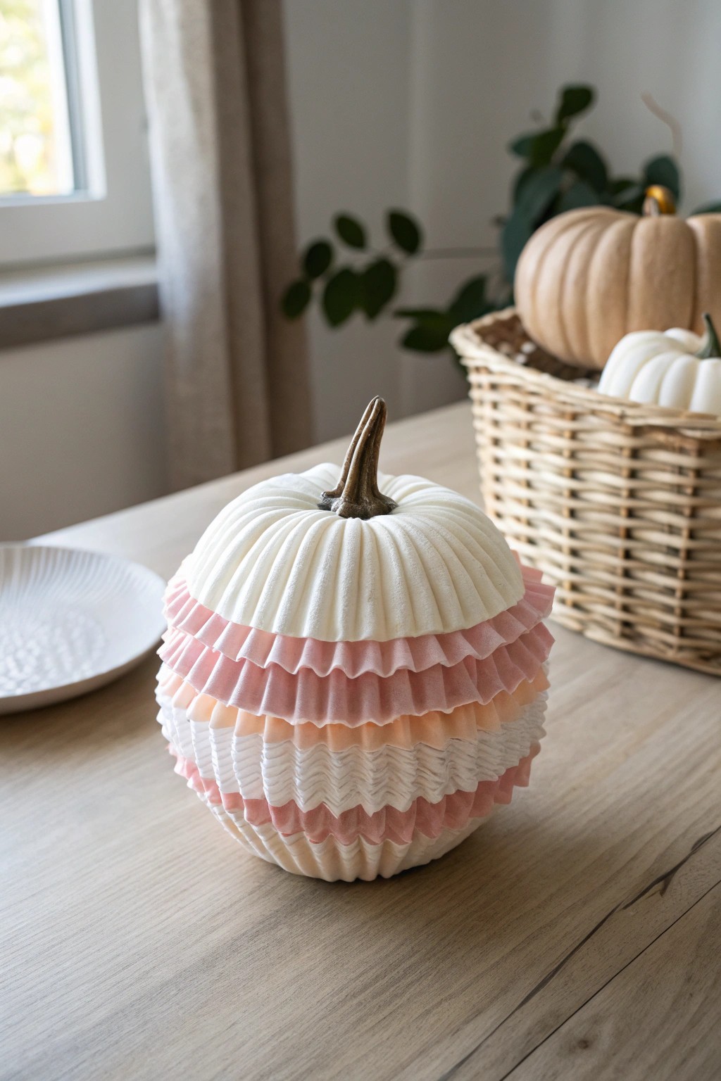 Ruffled beauty: A pumpkin transformed with whimsical cupcake liner layers.