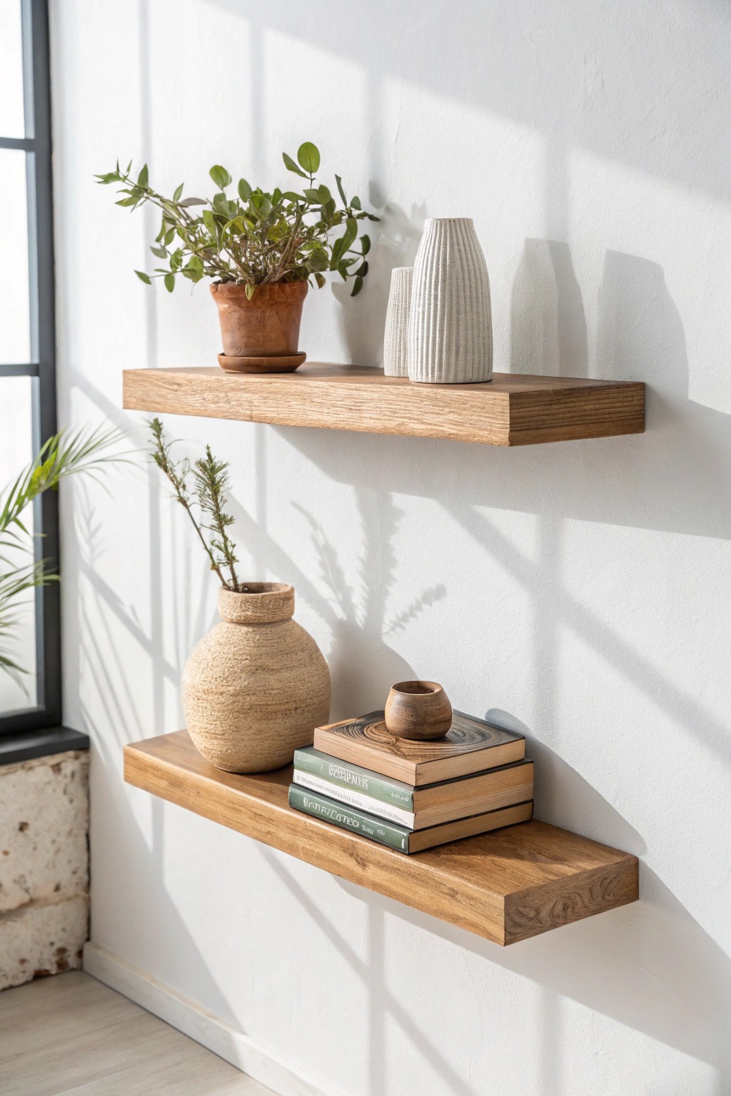 Elevate your space with a simple floating shelf—where artful display meets natural beauty.