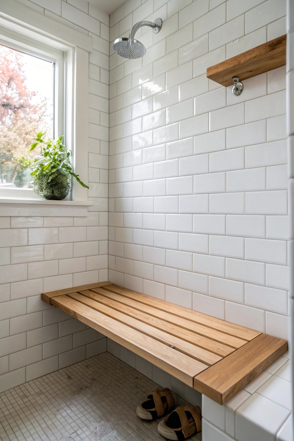Elevate your small shower with a floating wooden bench—beauty, comfort, and craft in one simple detail.