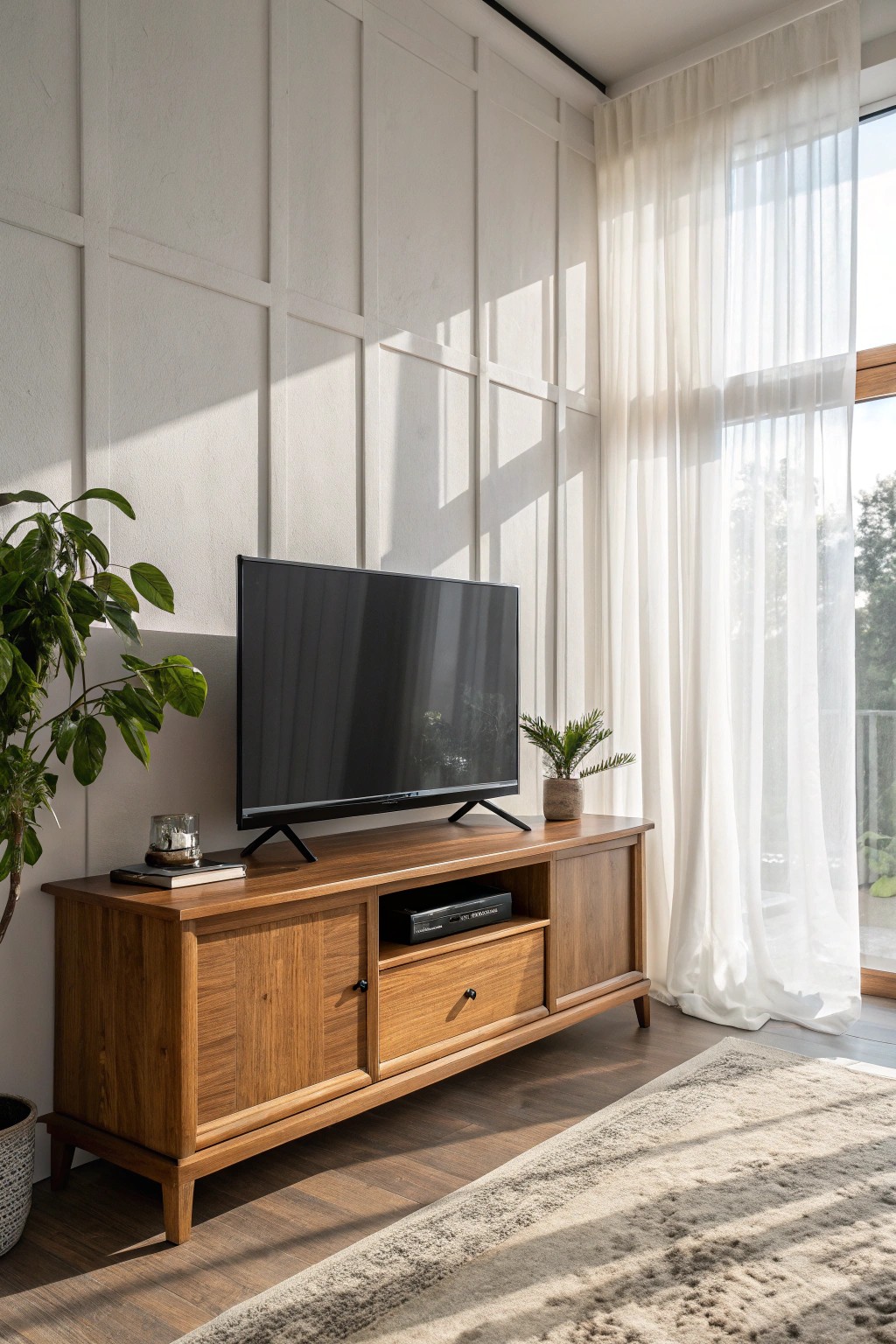 Harness natural light with style—perpendicular TV placement and sheer curtains for serene, glare-free living.