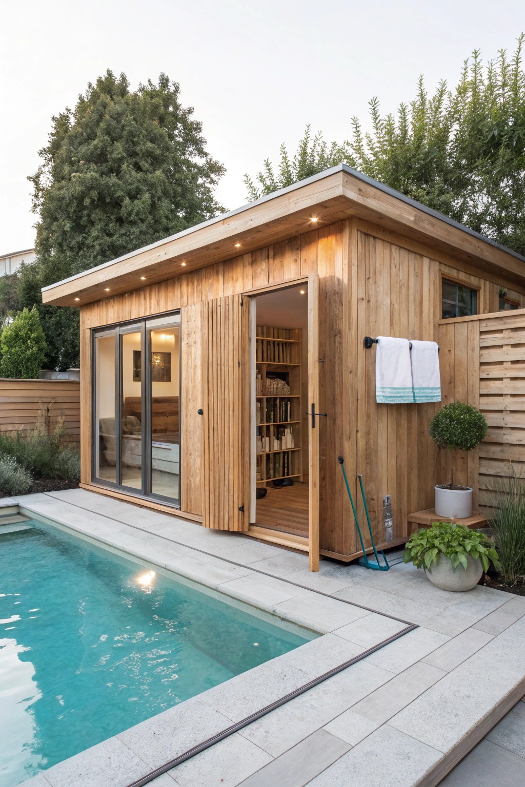 Chic simplicity: a handcrafted mini pool house for style and storage.