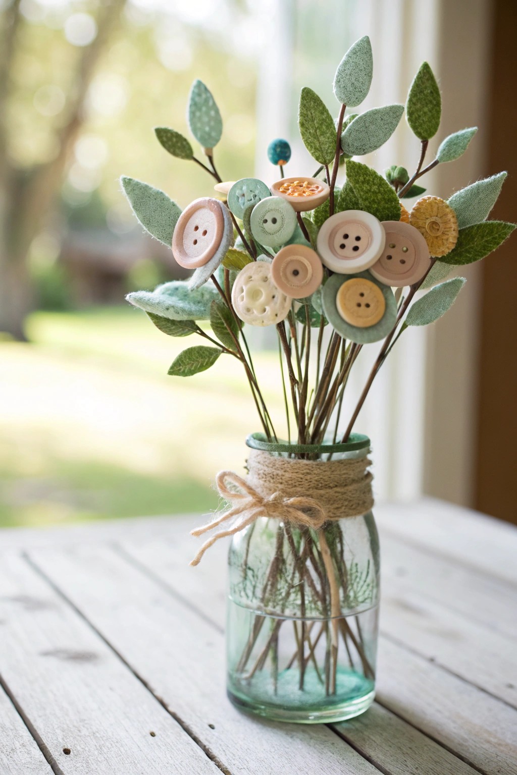 Charming button flowers in a vintage jar—spring crafting made simple and sweet.