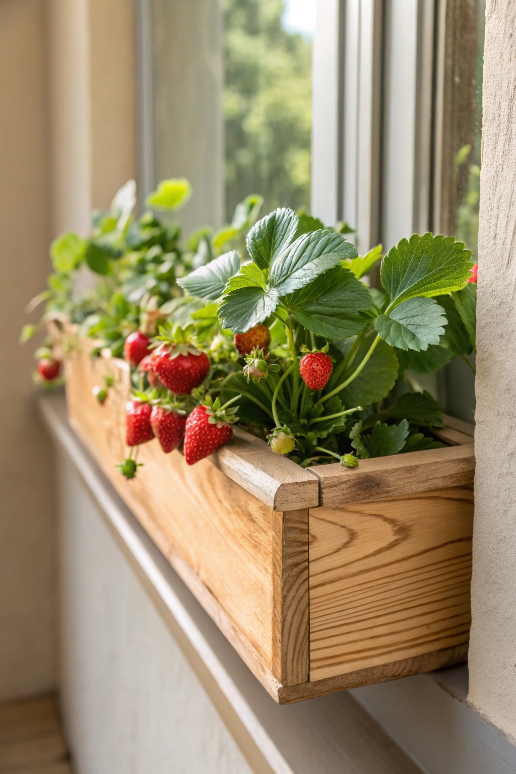 Simple joys: a floating window box brimming with homegrown strawberries.