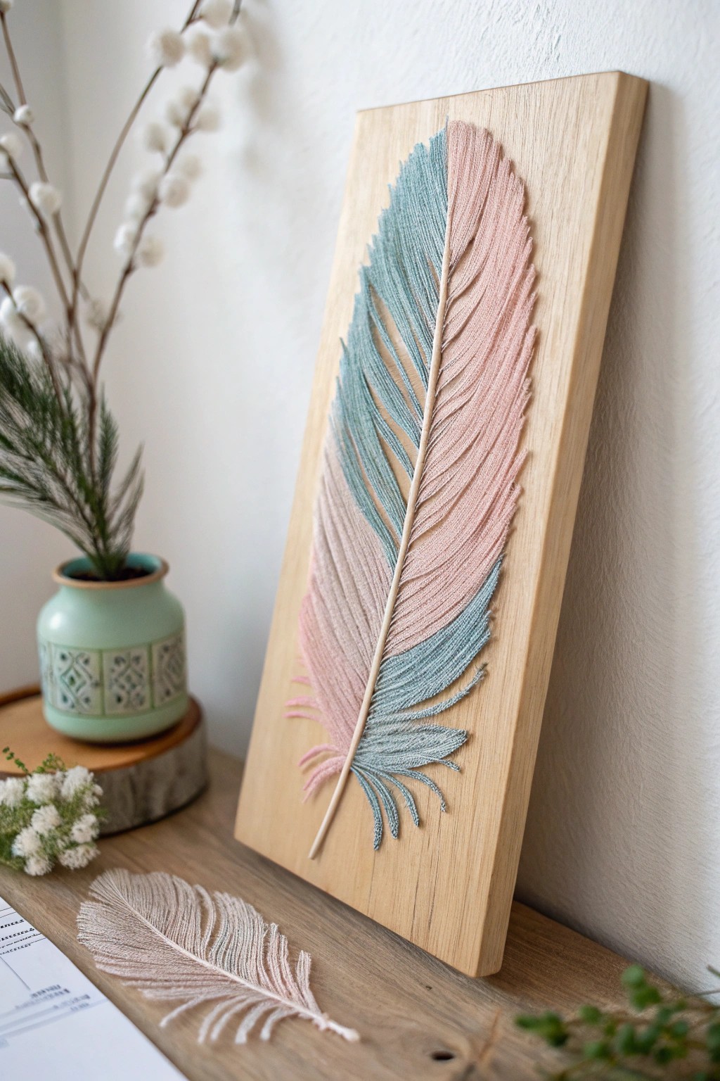 Dreamy feather string art: a serene boho accent for your minimalist retreat.