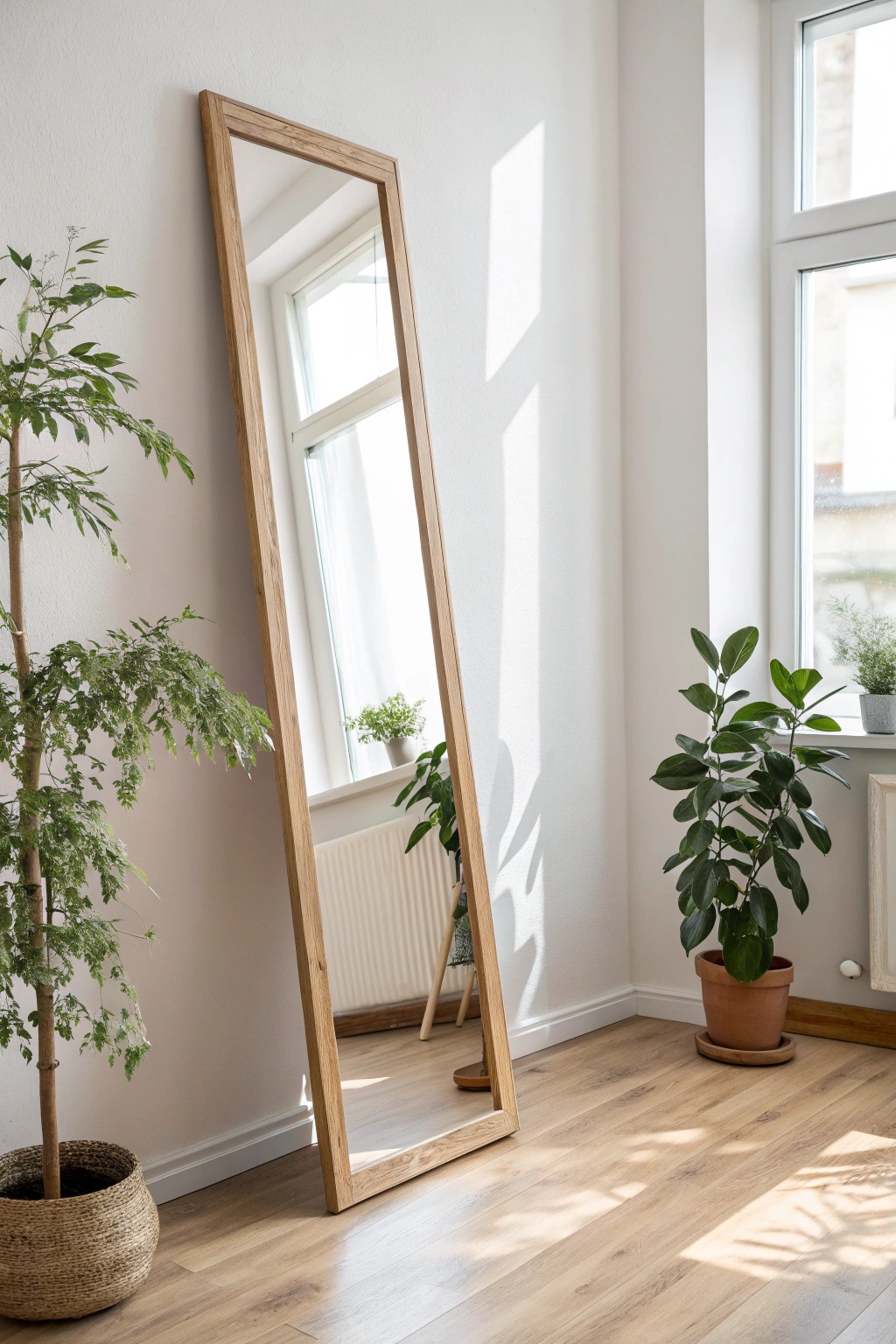 A floor-length mirror instantly adds light and depth to your studio sanctuary.