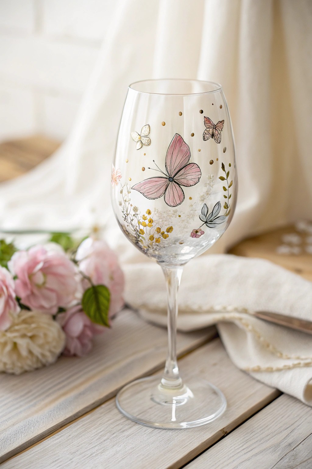 Transform your wine glass into a whimsical butterfly garden—nature’s beauty meets artisan charm.