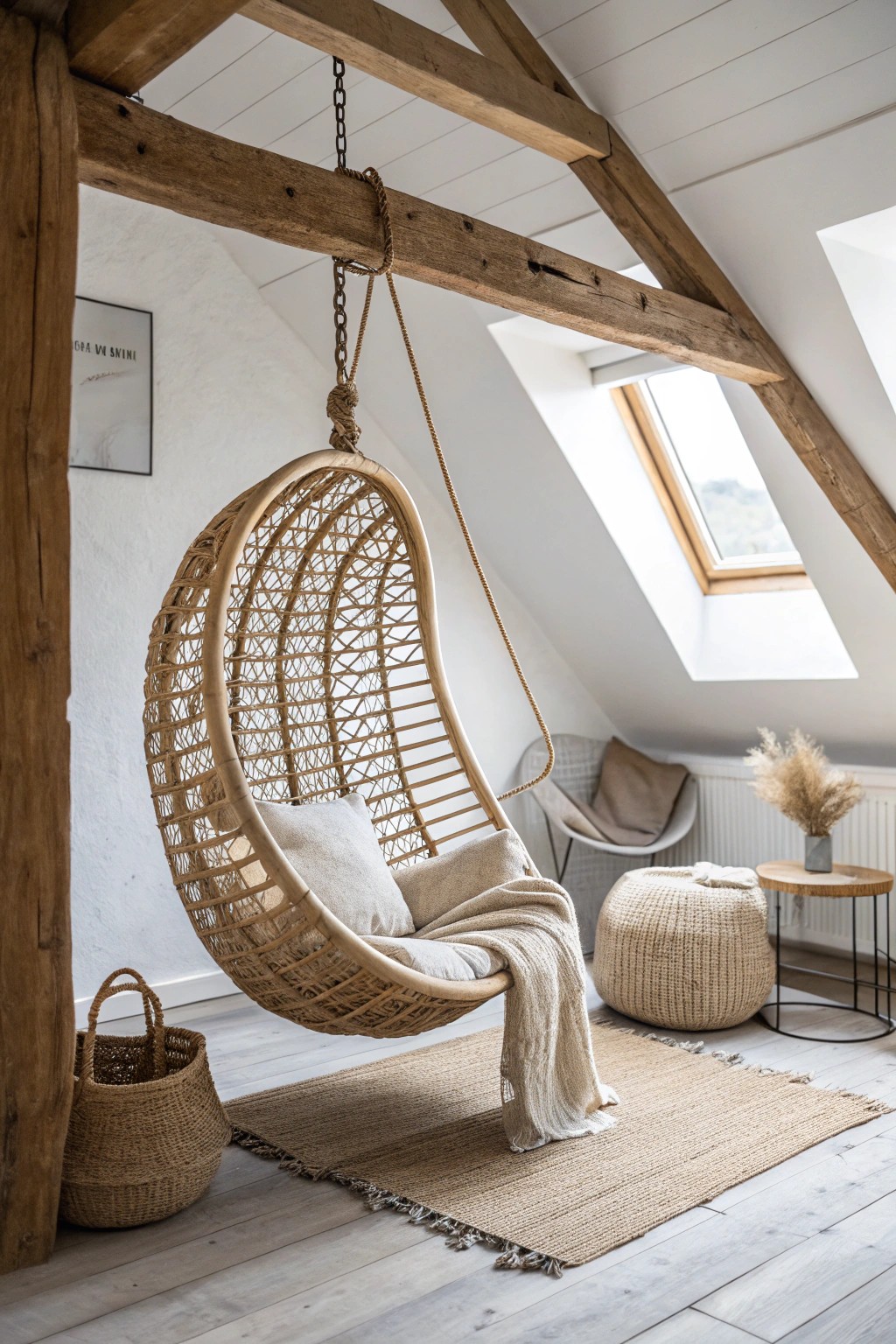 Create a cozy attic retreat with a beautiful hanging chair.