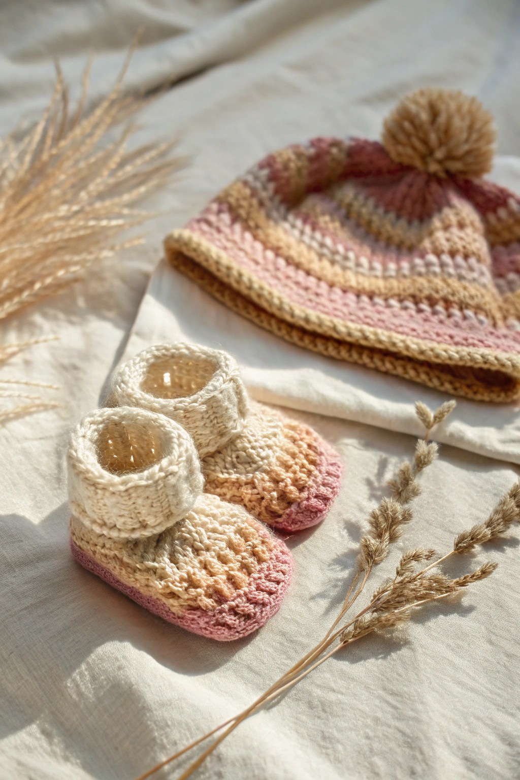 Cozy hand-knitted booties and hat—a heartfelt baby shower treasure.