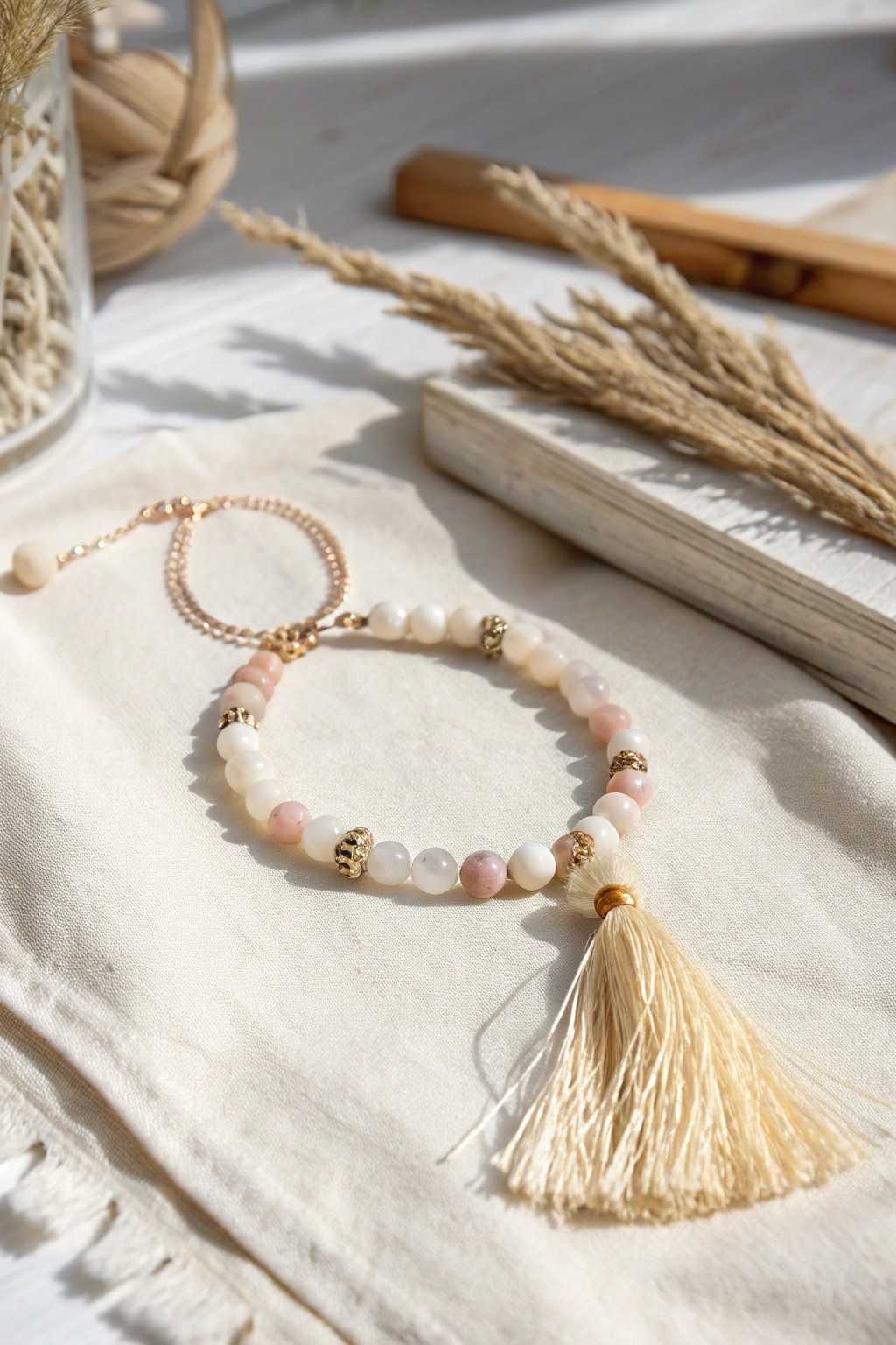 Scandi-boho elegance: A beaded bracelet with a dreamy tassel accent.