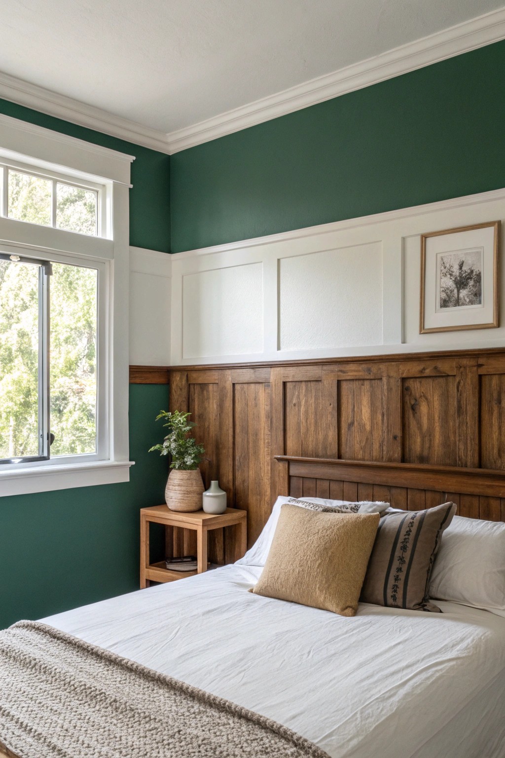 Effortless balance: a handcrafted bedroom accent wall with a modern half-painted design.