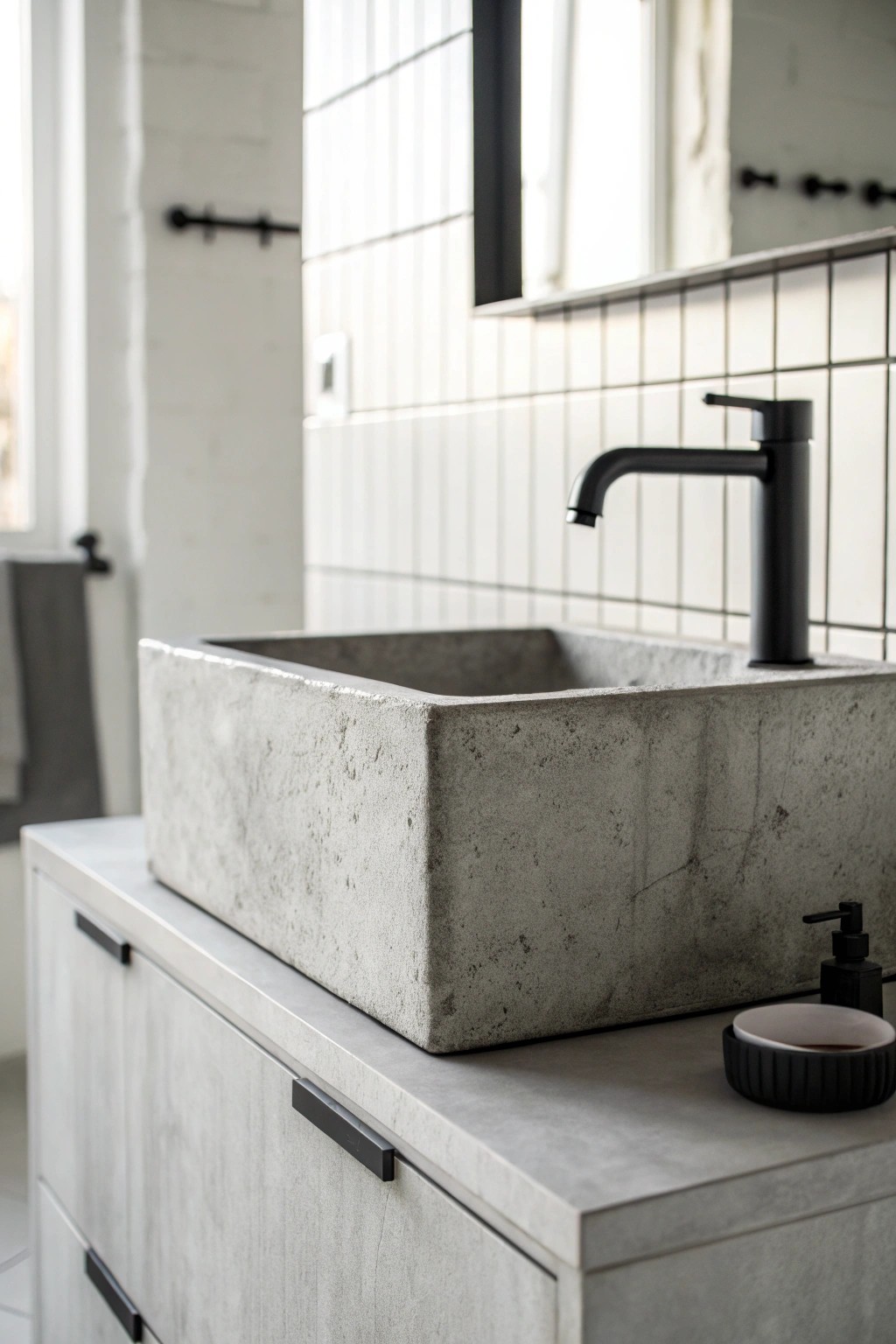 Urban elegance: A handcrafted concrete vanity brings modern edge to a black and white bathroom.
