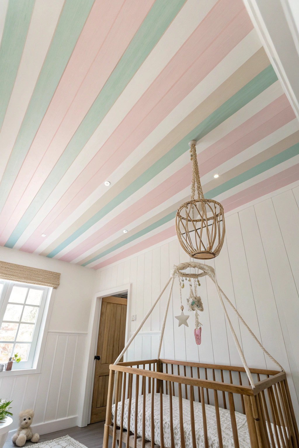 Soft pastel stripes make the ceiling a playful focal point.