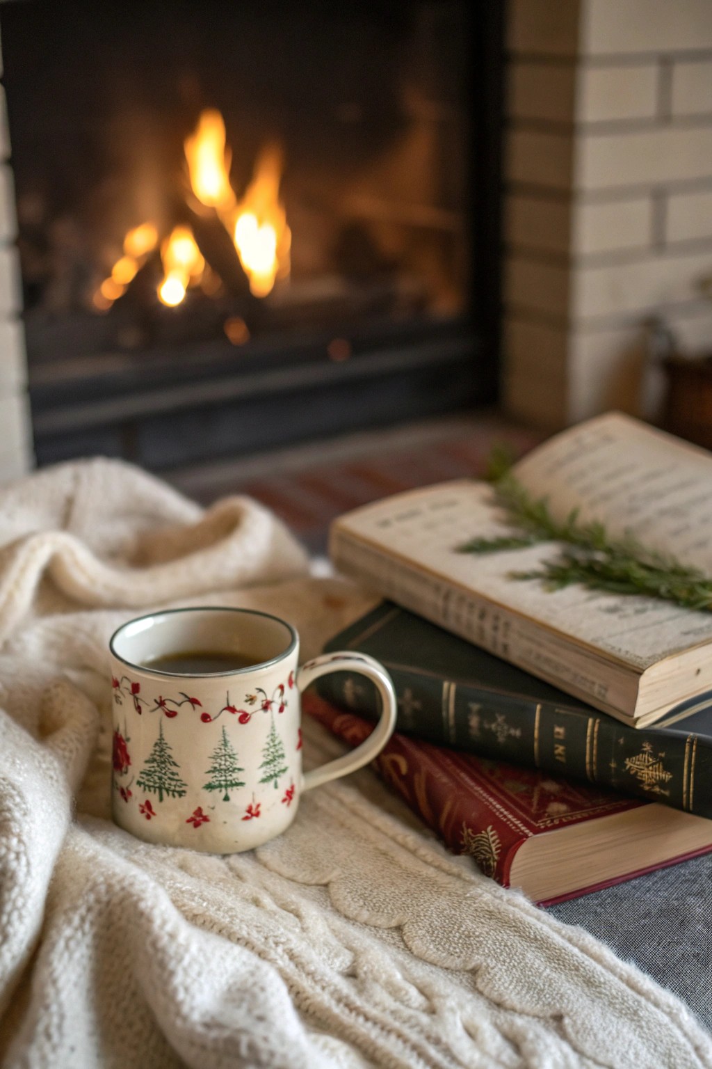 Simple holiday magic: a cozy mug and Christmas stories by the fire.