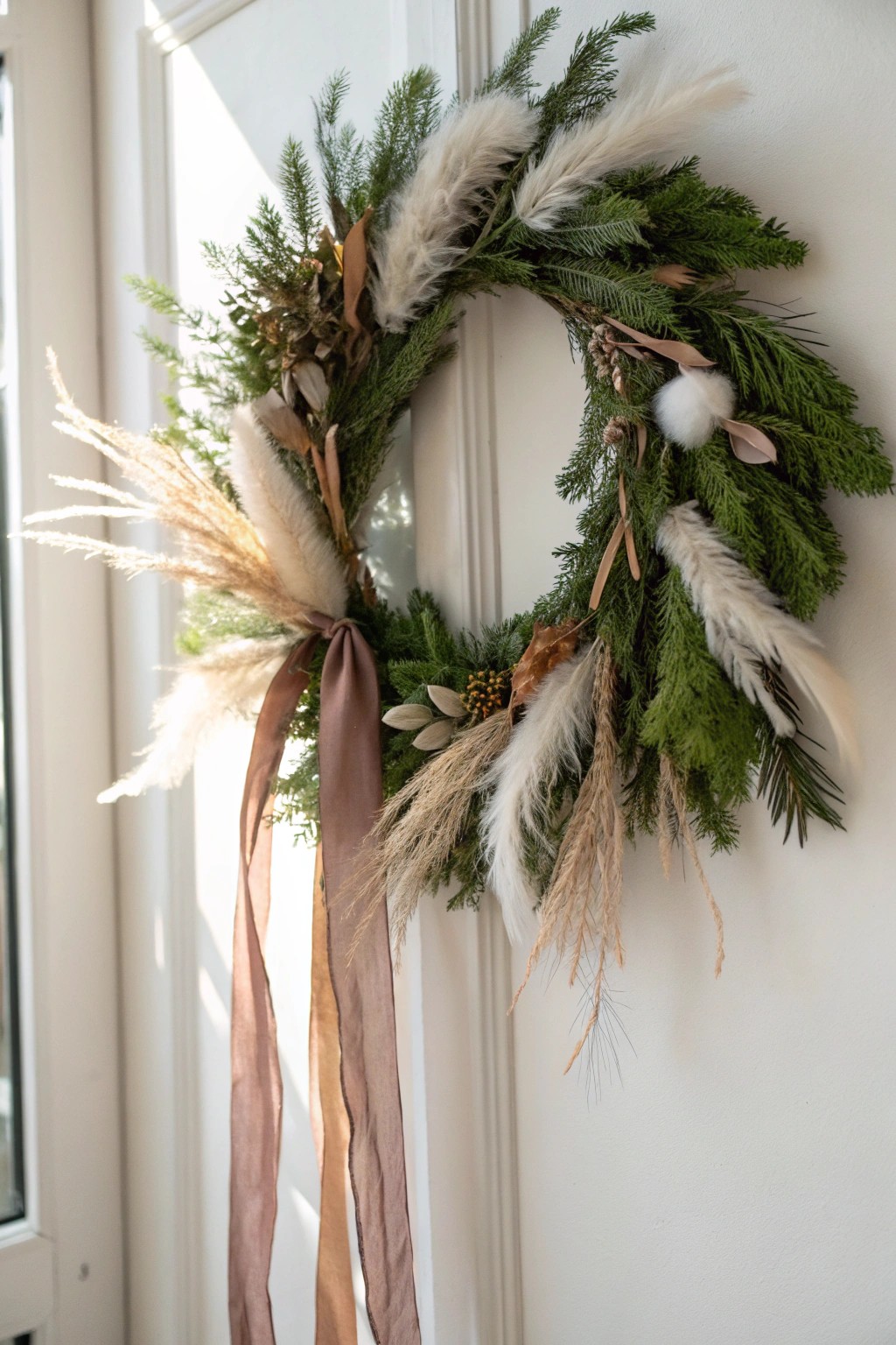 Boho elegance: A feather & silk ribbon wreath for a touch of natural artistry.
