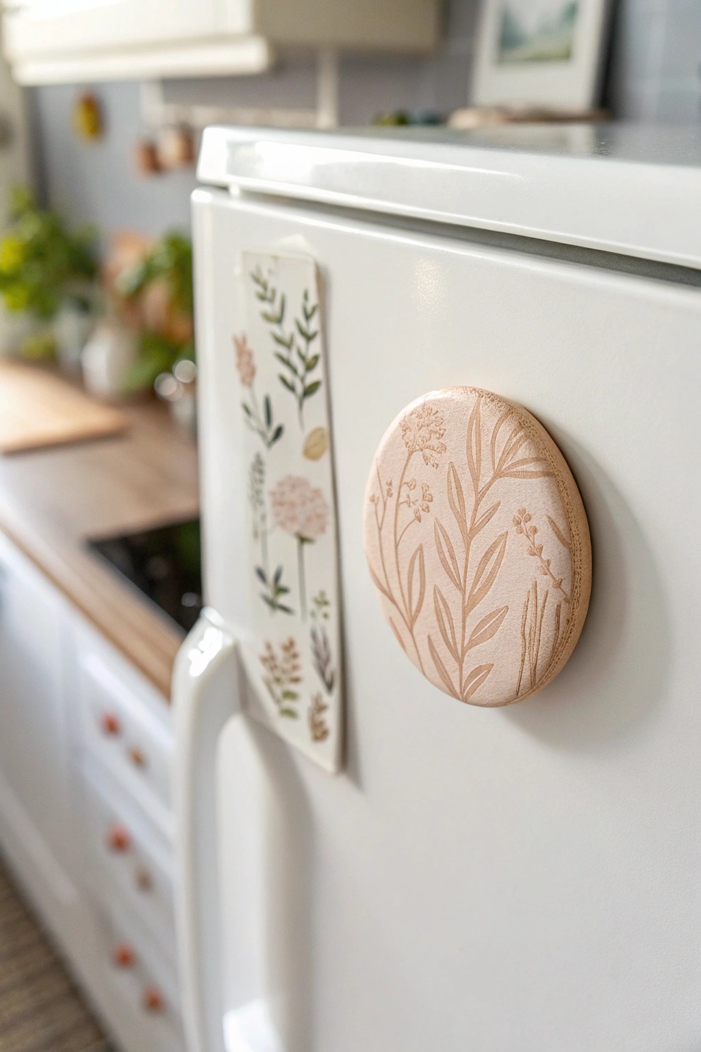 Handcrafted clay magnet: simple, natural beauty for your fridge.