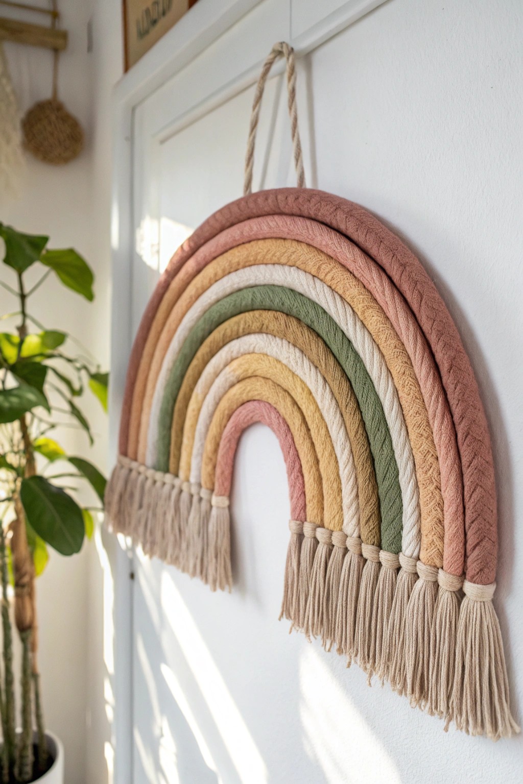 Handmade clay rainbow wall decor – a unique, boho accent for your serene space.