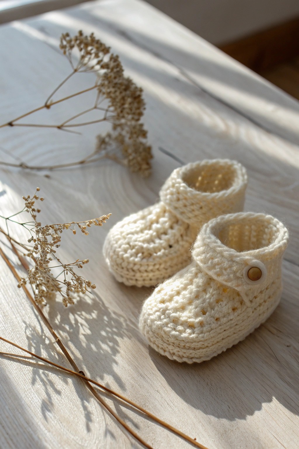 Soft crochet booties: the sweetest welcome for little feet.