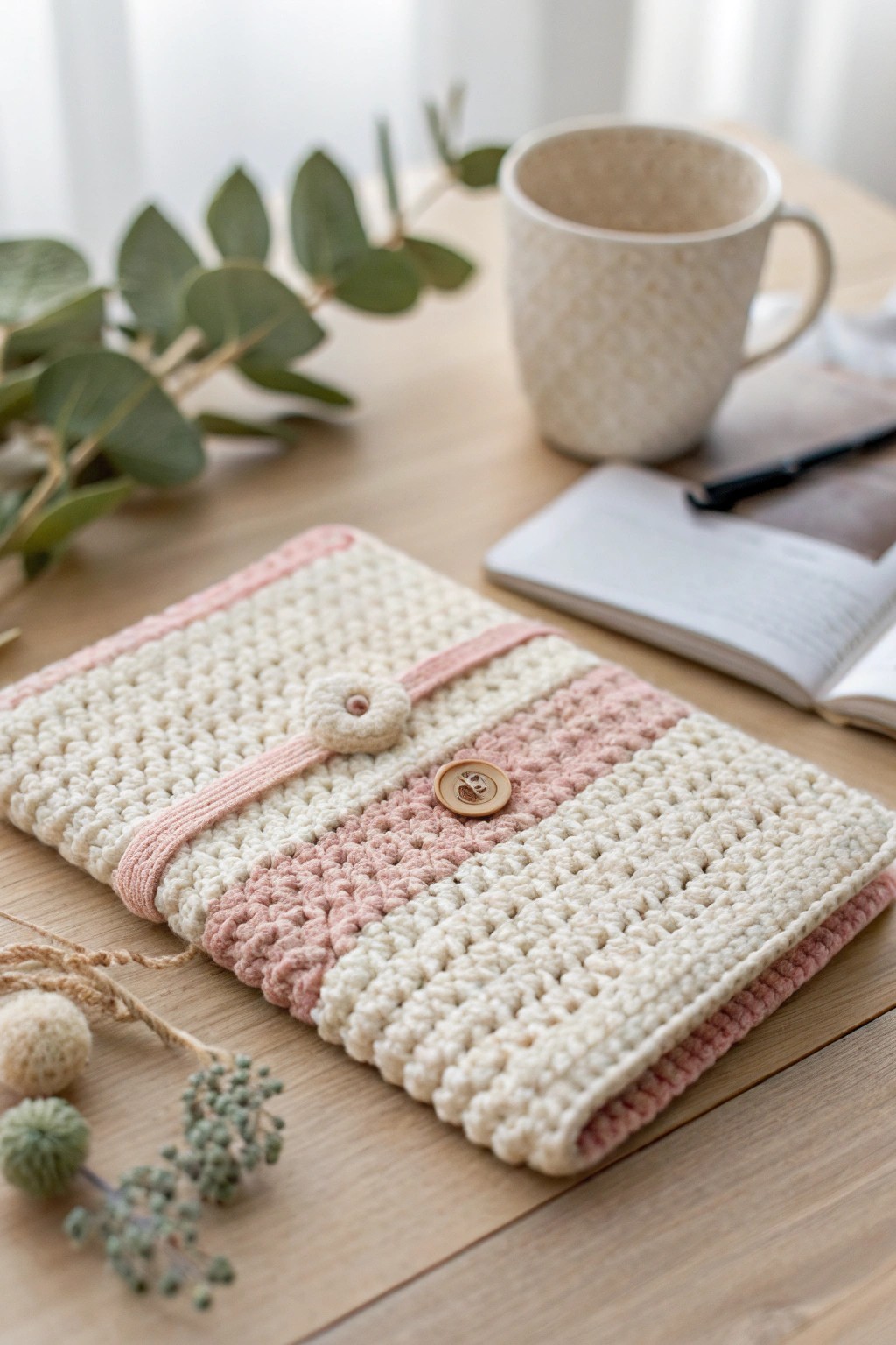 Chic crochet book sleeve – a handcrafted touch for your favorite reads.