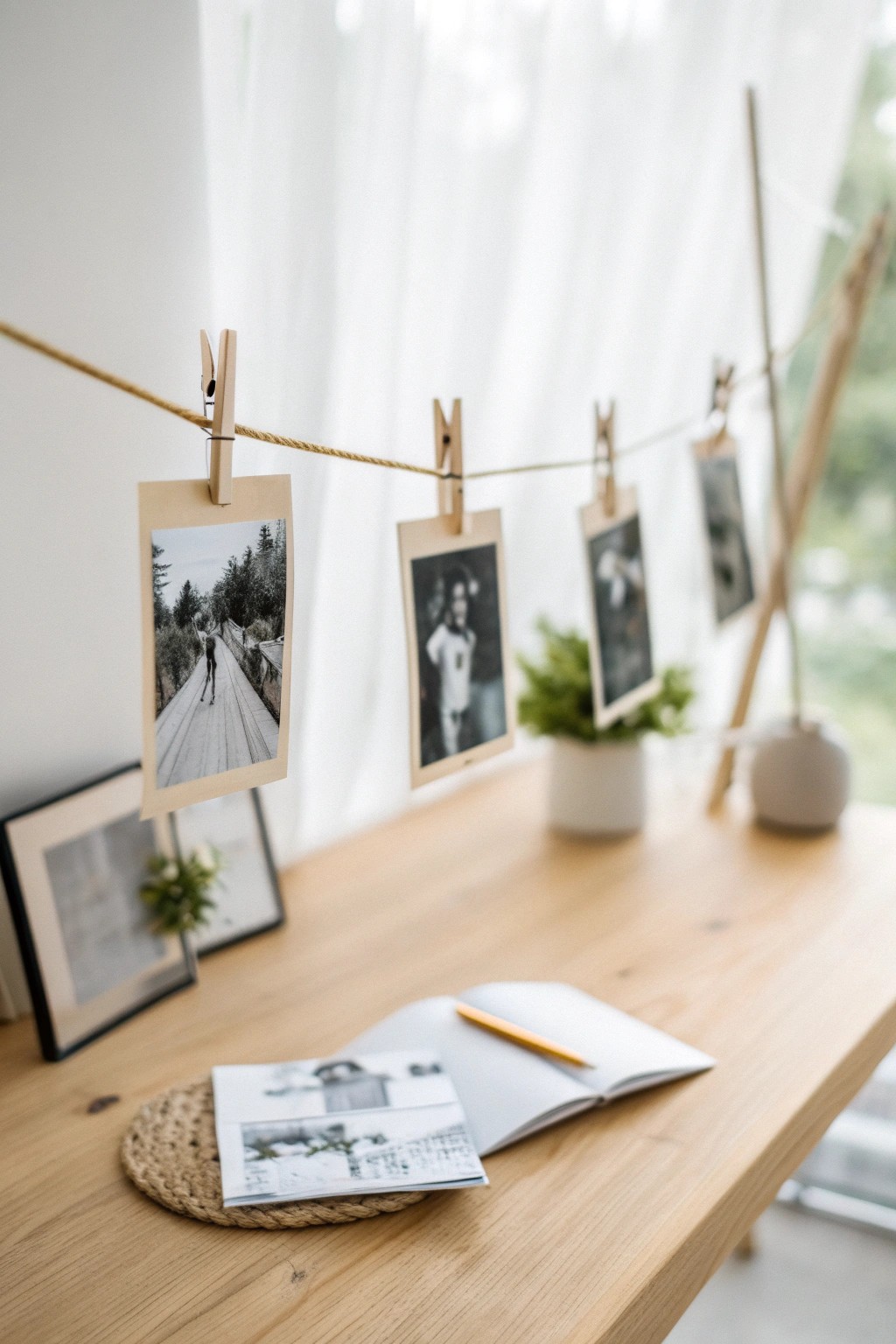 Elevate your workspace with a floating photo wire—where creativity hangs in the balance.