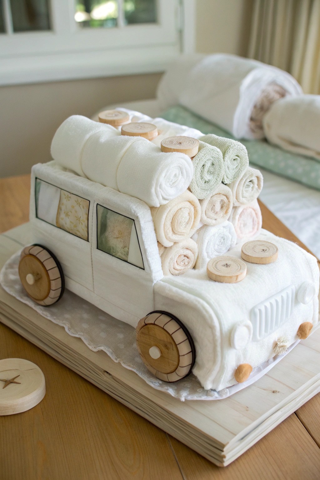 Scandi-Boho Jeep Diaper Cake: A charming centerpiece for a modern baby shower.