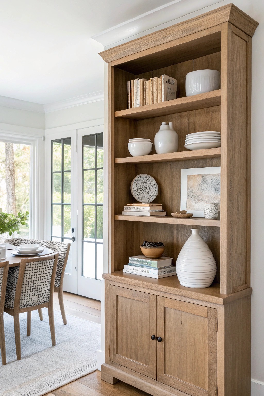 Elevate your dining space with a minimalist built-in bookcase—where function meets timeless style.