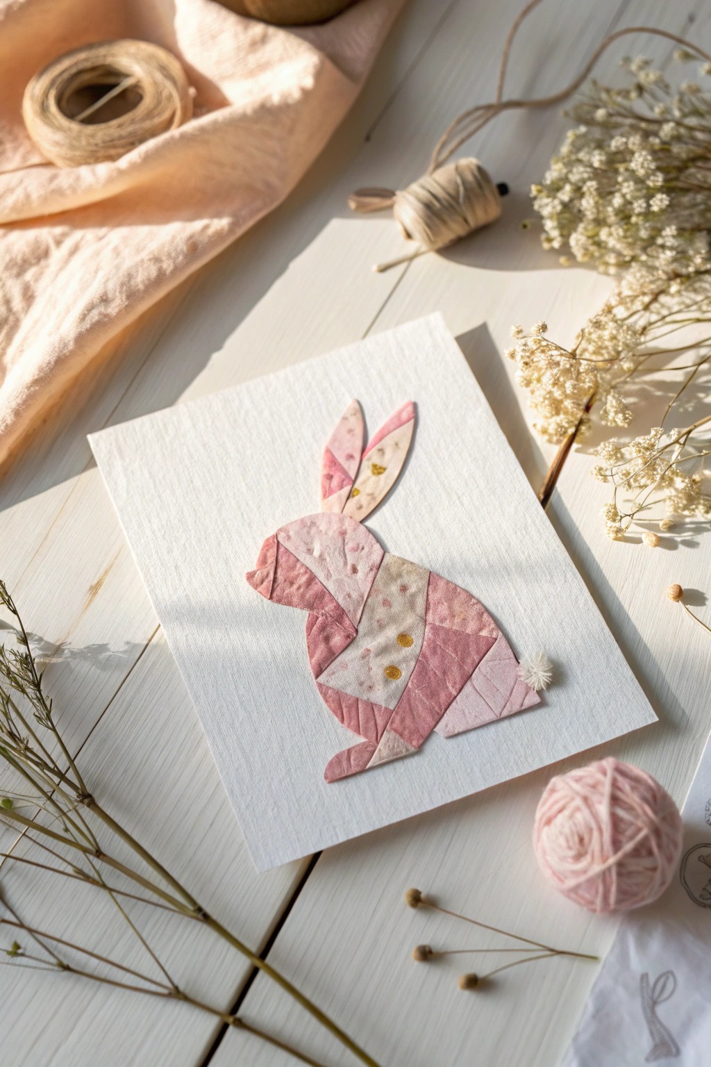 A cozy, handcrafted Easter card with a patchwork bunny—minimalist, feminine, and full of spring charm.