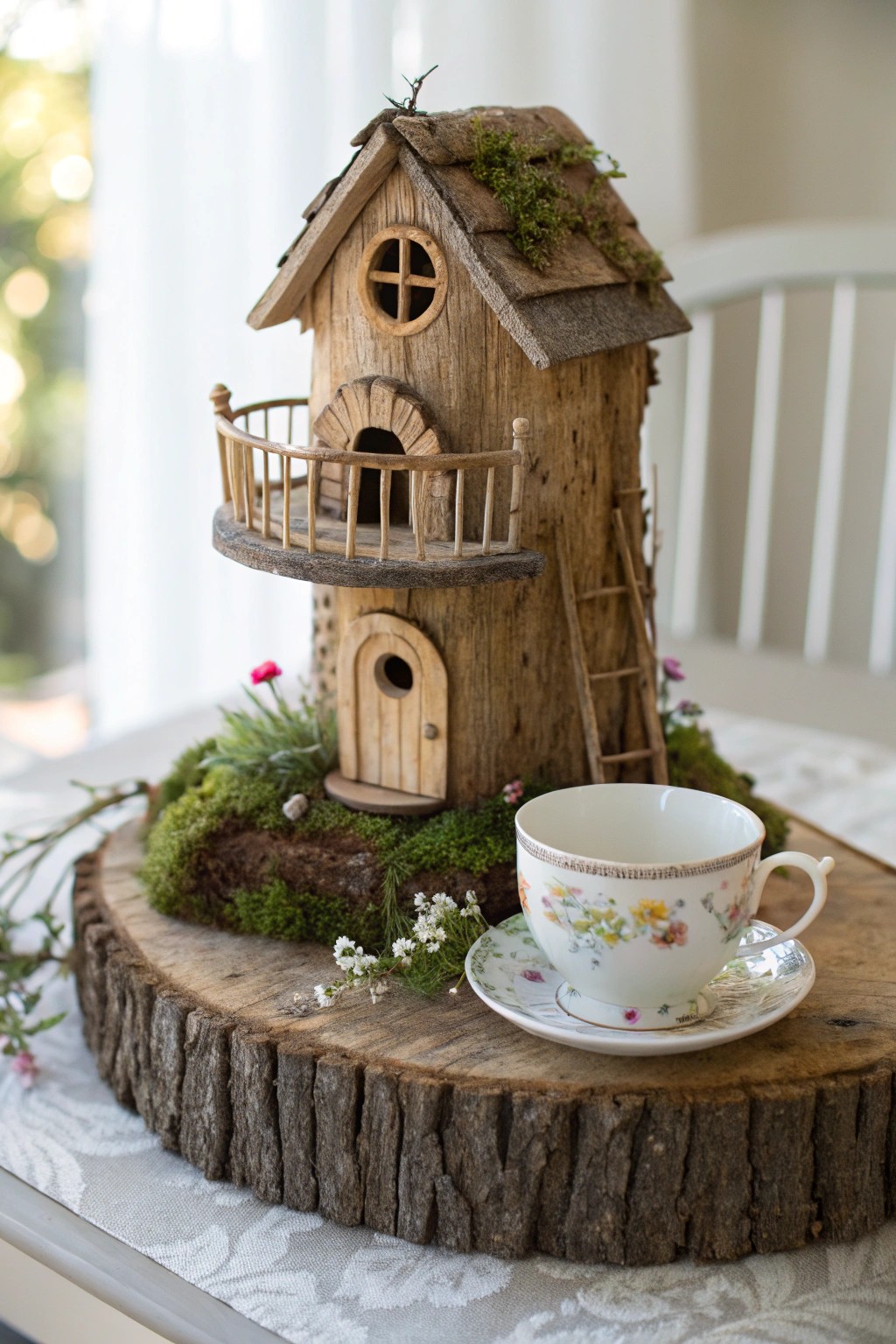 A magical fairy house with a charming teacup balcony—simple, natural, and irresistibly whimsical.