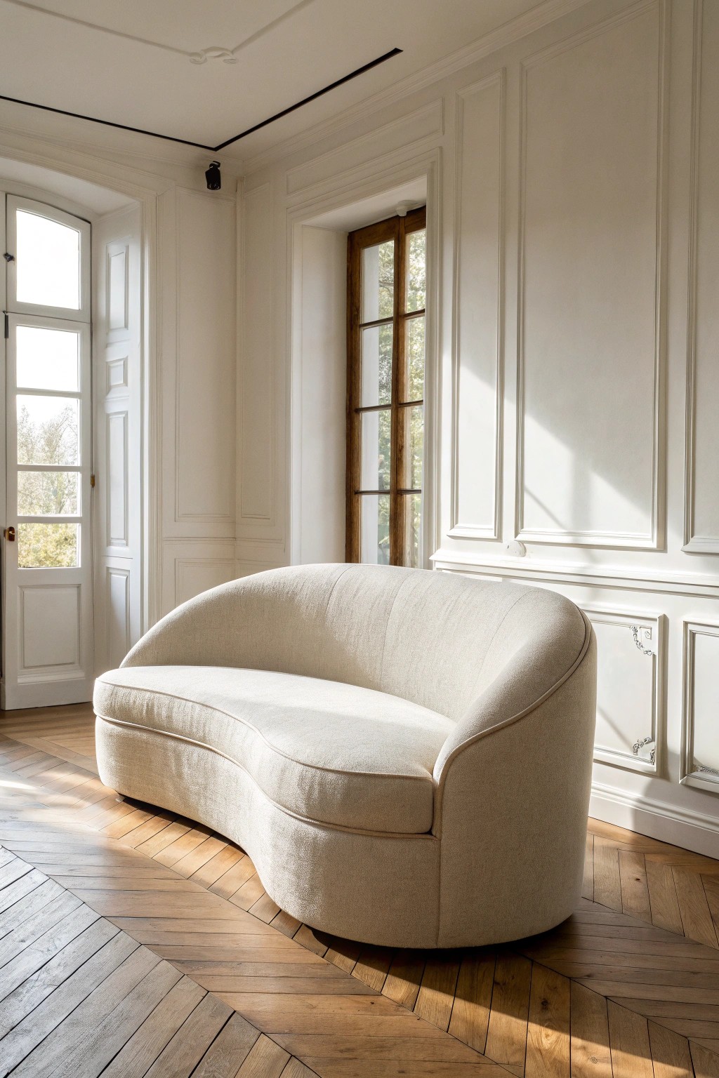 Sculptural serenity: A curved sofa brings artful comfort to your family room.