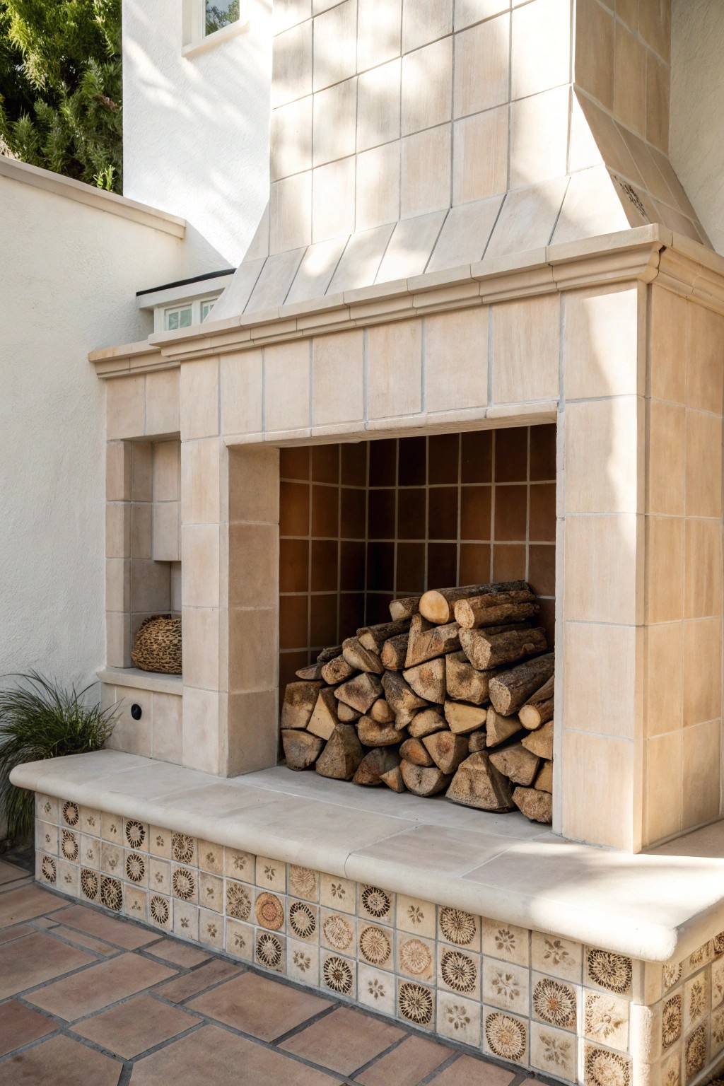 Effortless elegance: Tiled fireplace with built-in wood storage for warmth and style.