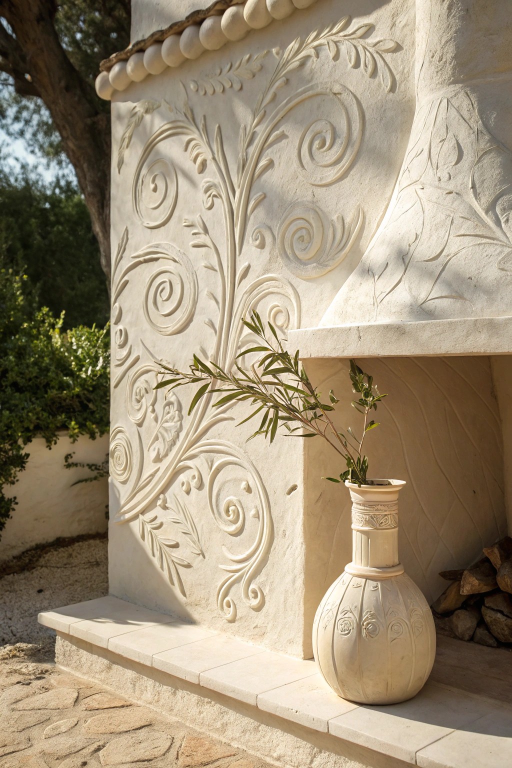 Artisan plaster: subtle texture and timeless Mediterranean charm for your fireplace wall.