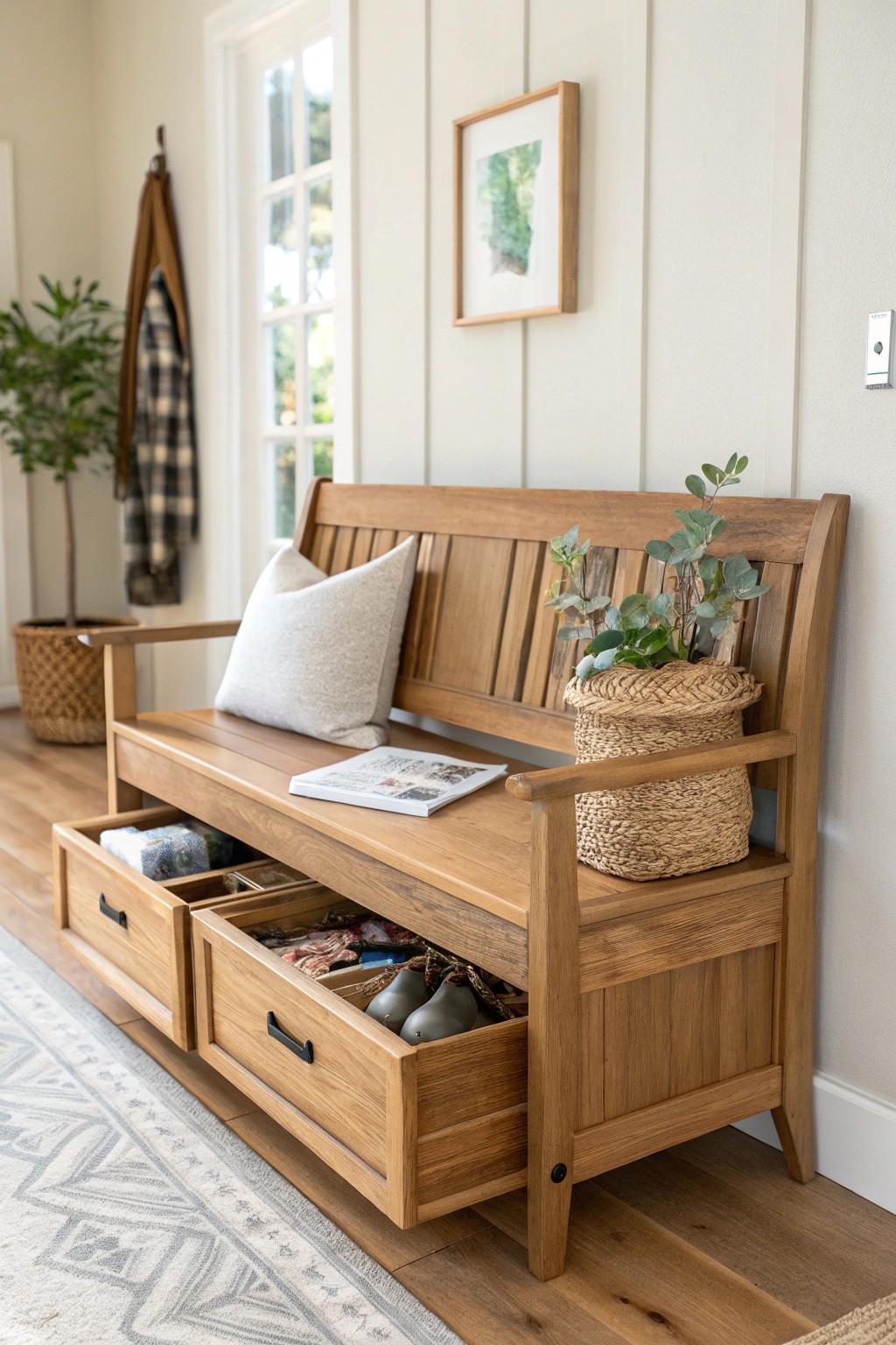 Effortless entryway organization: a handcrafted bench with a hidden drop zone.