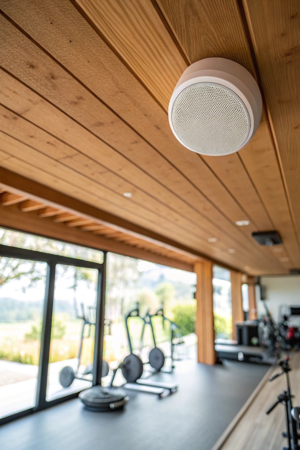 Seamless sound: stylish Bluetooth speaker built into a serene, natural wood ceiling.